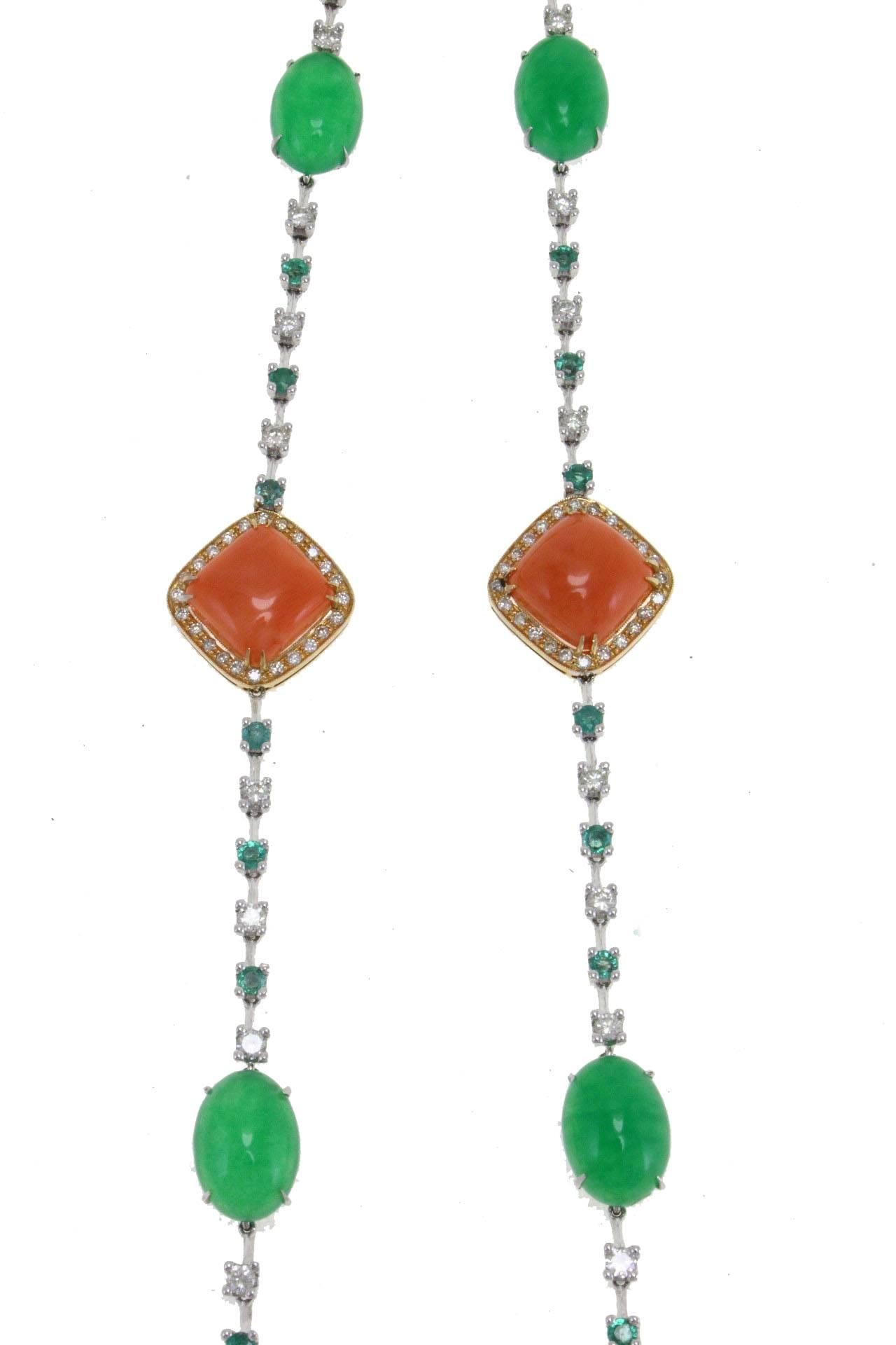 Retro Diamond Emerald Coral Gold Necklace