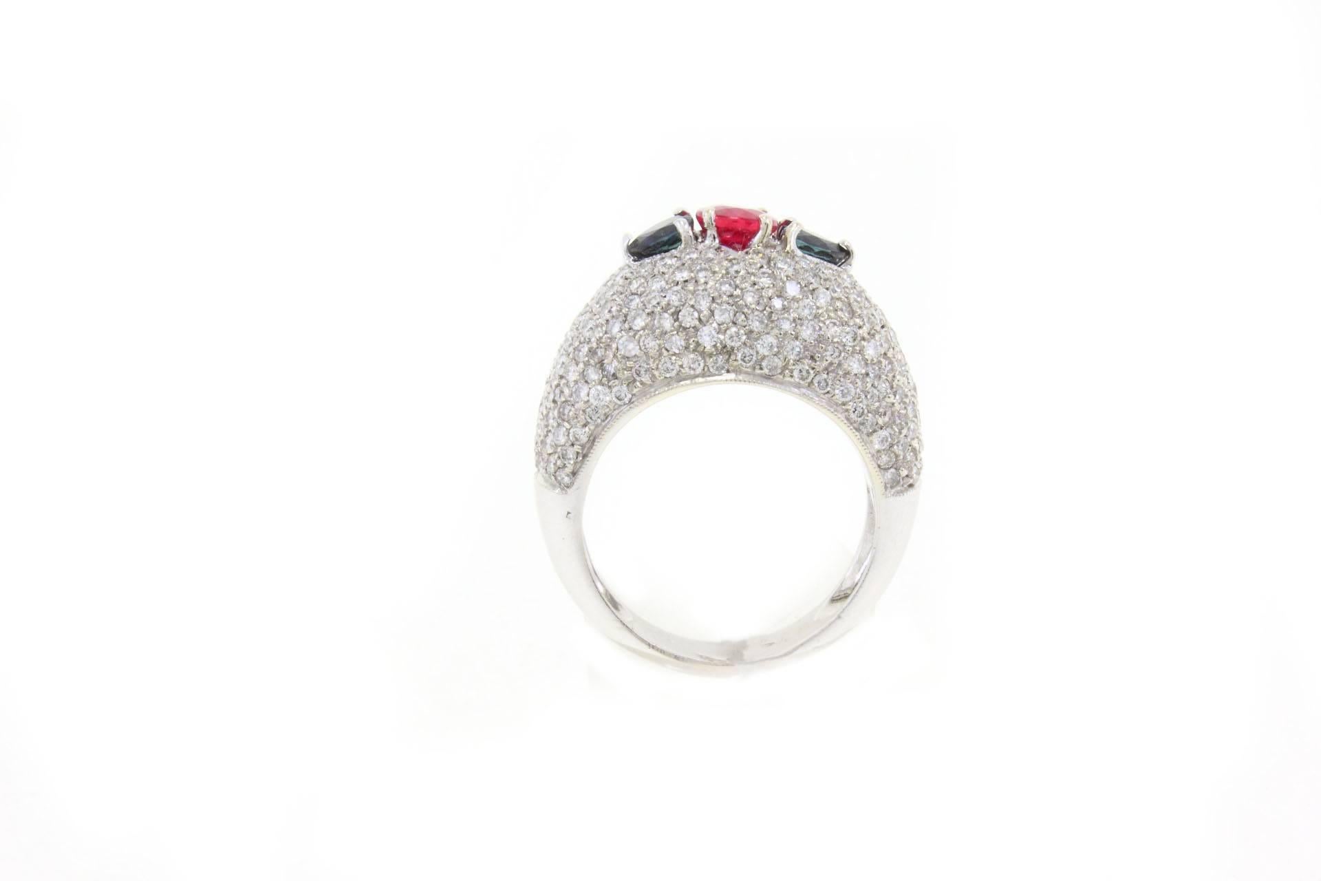 Retro 3.20 ct Diamonds, 2.15 ct Central Ruby and Blue Sapphires, White Gold Dome Ring