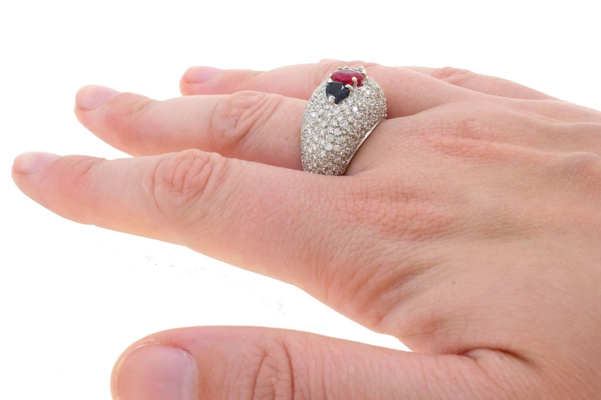 3.20 ct Diamonds, 2.15 ct Central Ruby and Blue Sapphires, White Gold Dome Ring 1