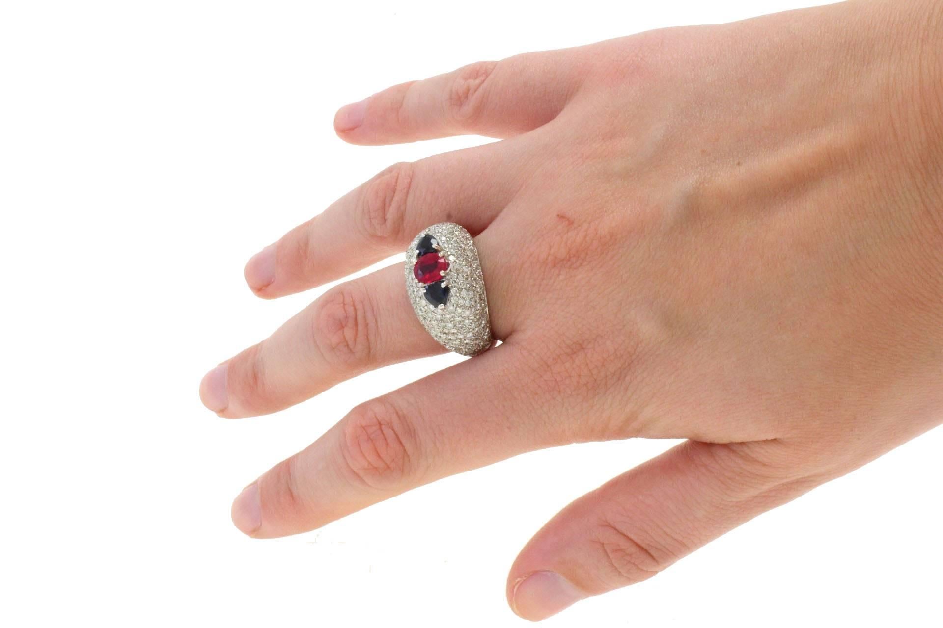 Women's 3.20 ct Diamonds, 2.15 ct Central Ruby and Blue Sapphires, White Gold Dome Ring
