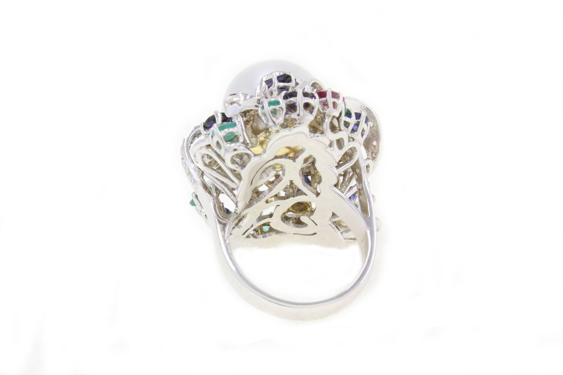 Retro Luise Australian Pearl Emerald Ruby Sapphire Diamond Gold Ring