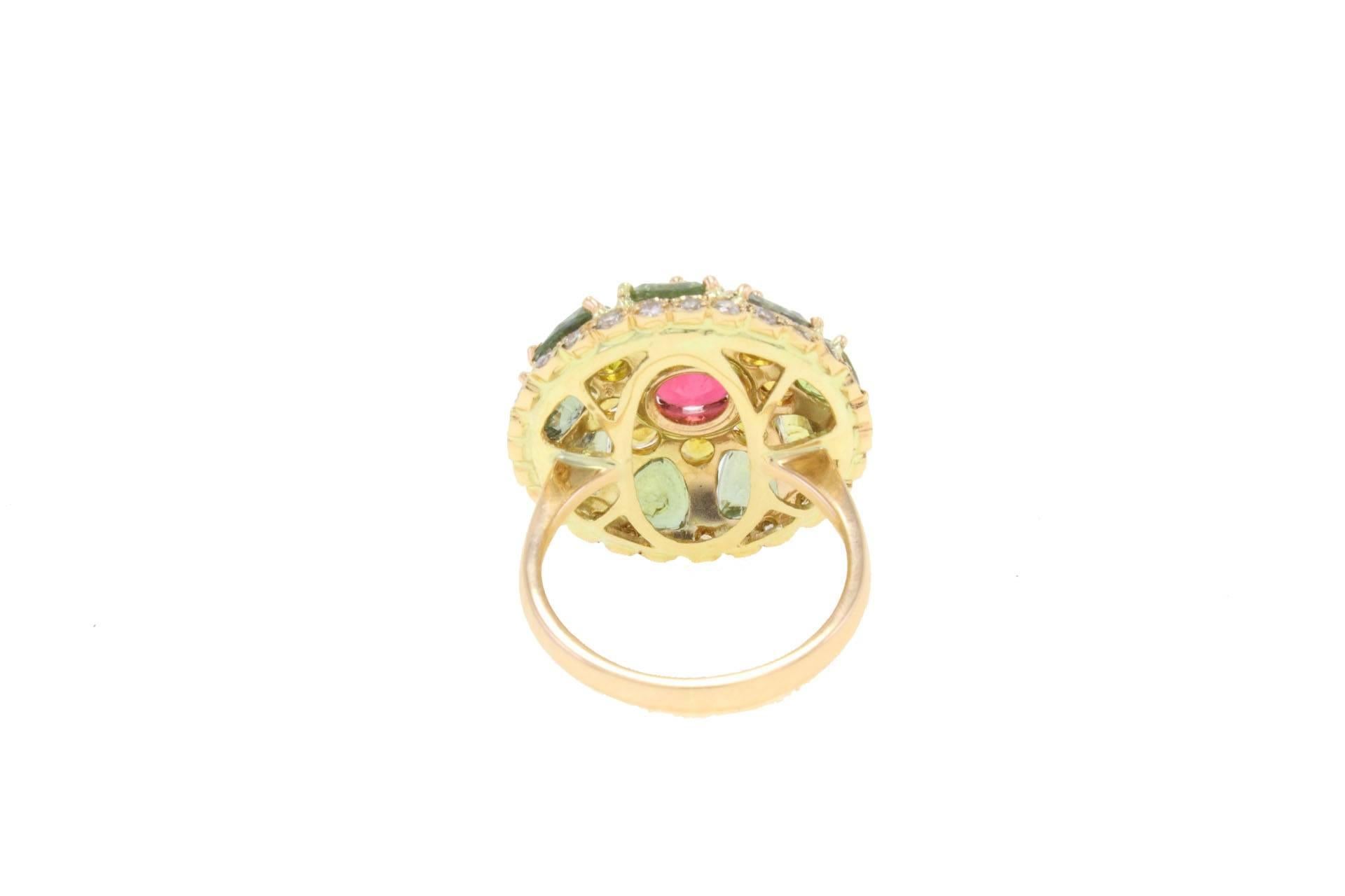 Mixed Cut Tourmaline Sapphire Diamond Rose Gold Ring For Sale