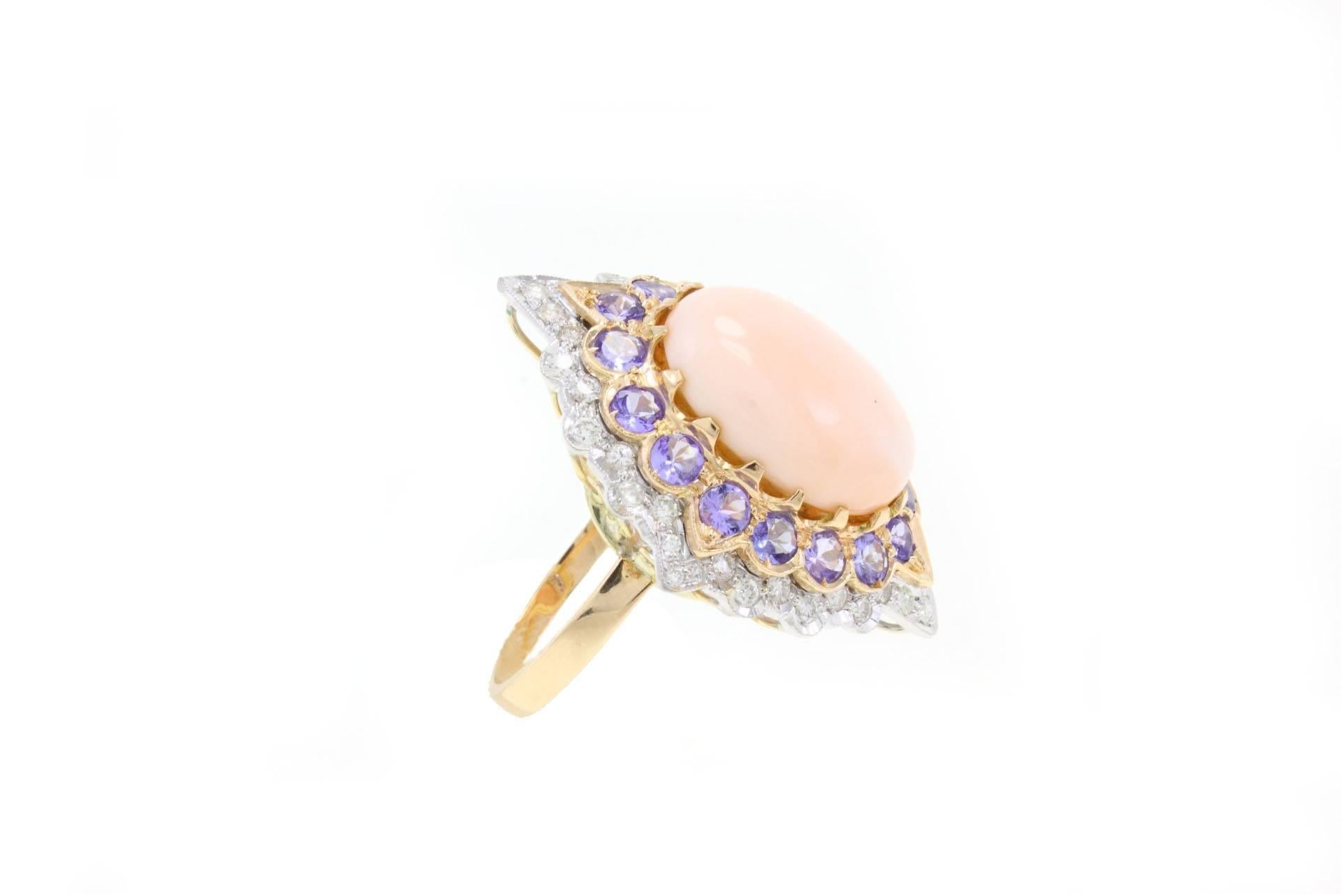 Retro Luise Diamond Coral Tourmaline Gold Ring