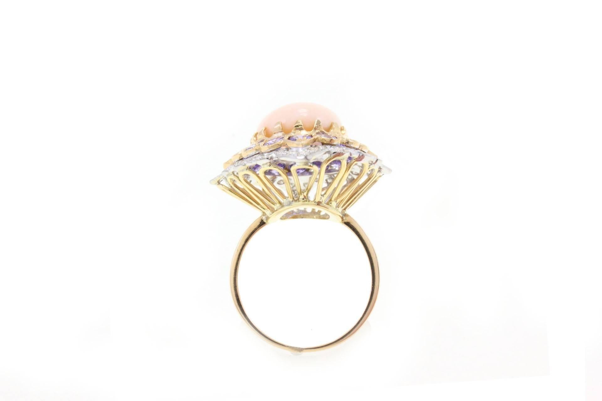 Luise Diamond Coral Tourmaline Gold Ring In Good Condition In Marcianise, Marcianise (CE)