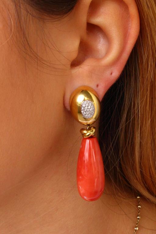 Red Coral Drops, White Diamonds, 18K Yellow Gold Drop Retrò Earrings at