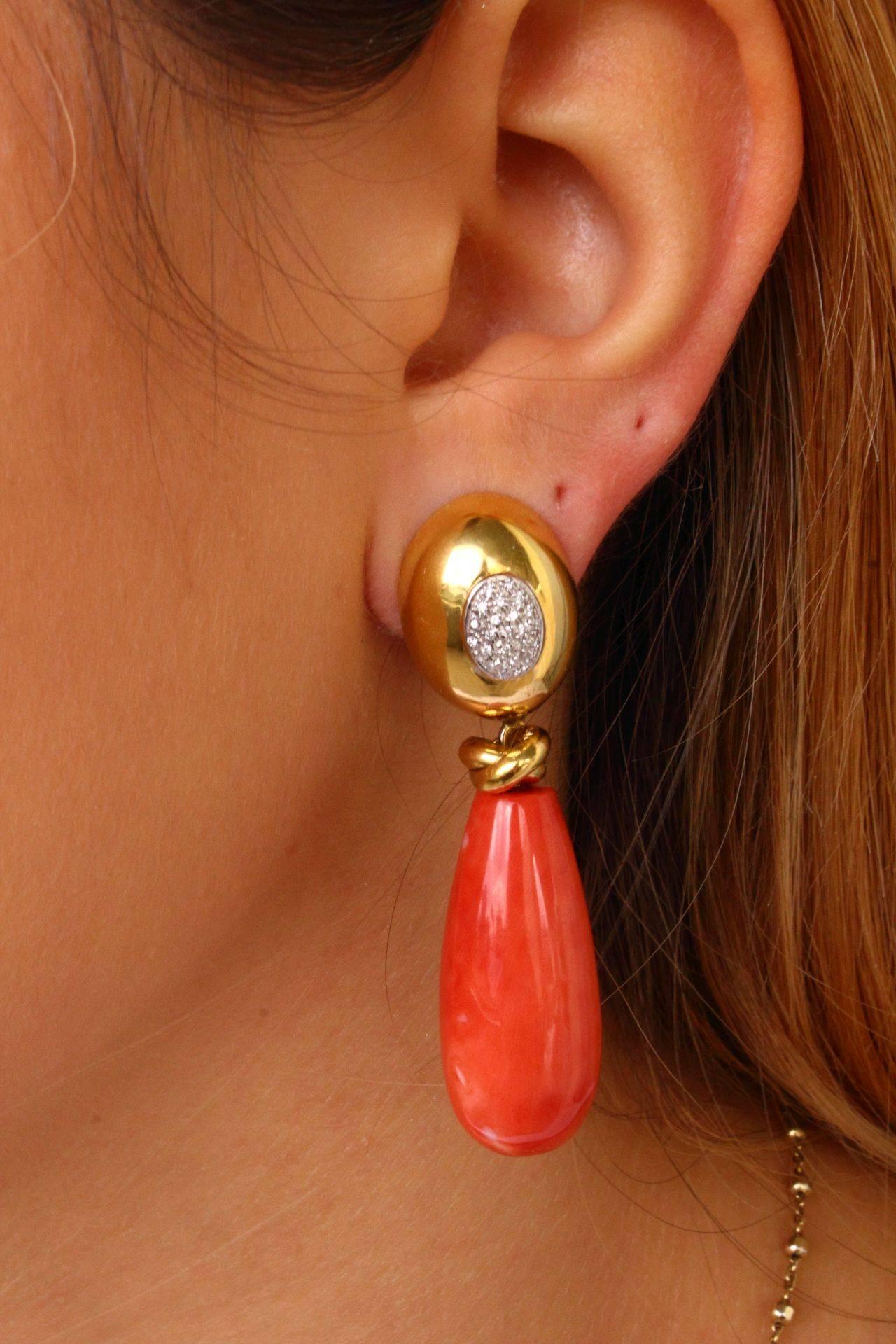 Mixed Cut Red Coral Drops, White Diamonds, 18K Yellow Gold Drop Retrò Earrings