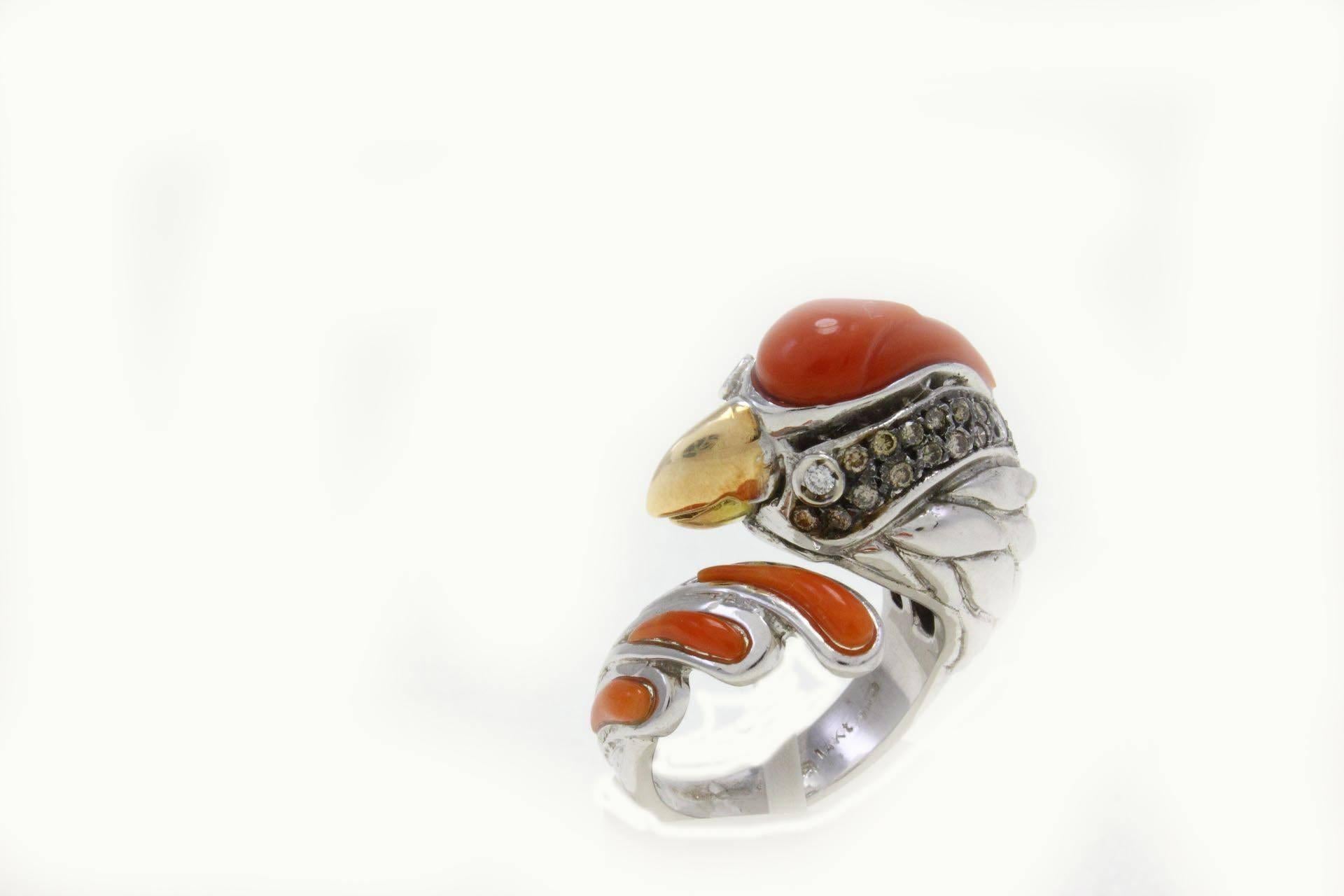 Anillo Gallo Oro Coral Italiano Diamante Fantasía Retro en venta
