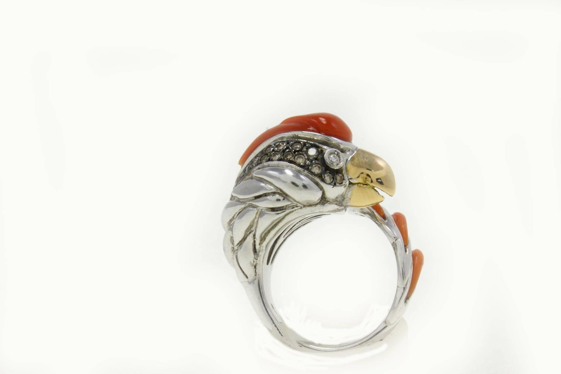 Anillo Gallo Oro Coral Italiano Diamante Fantasía Corte mixto en venta