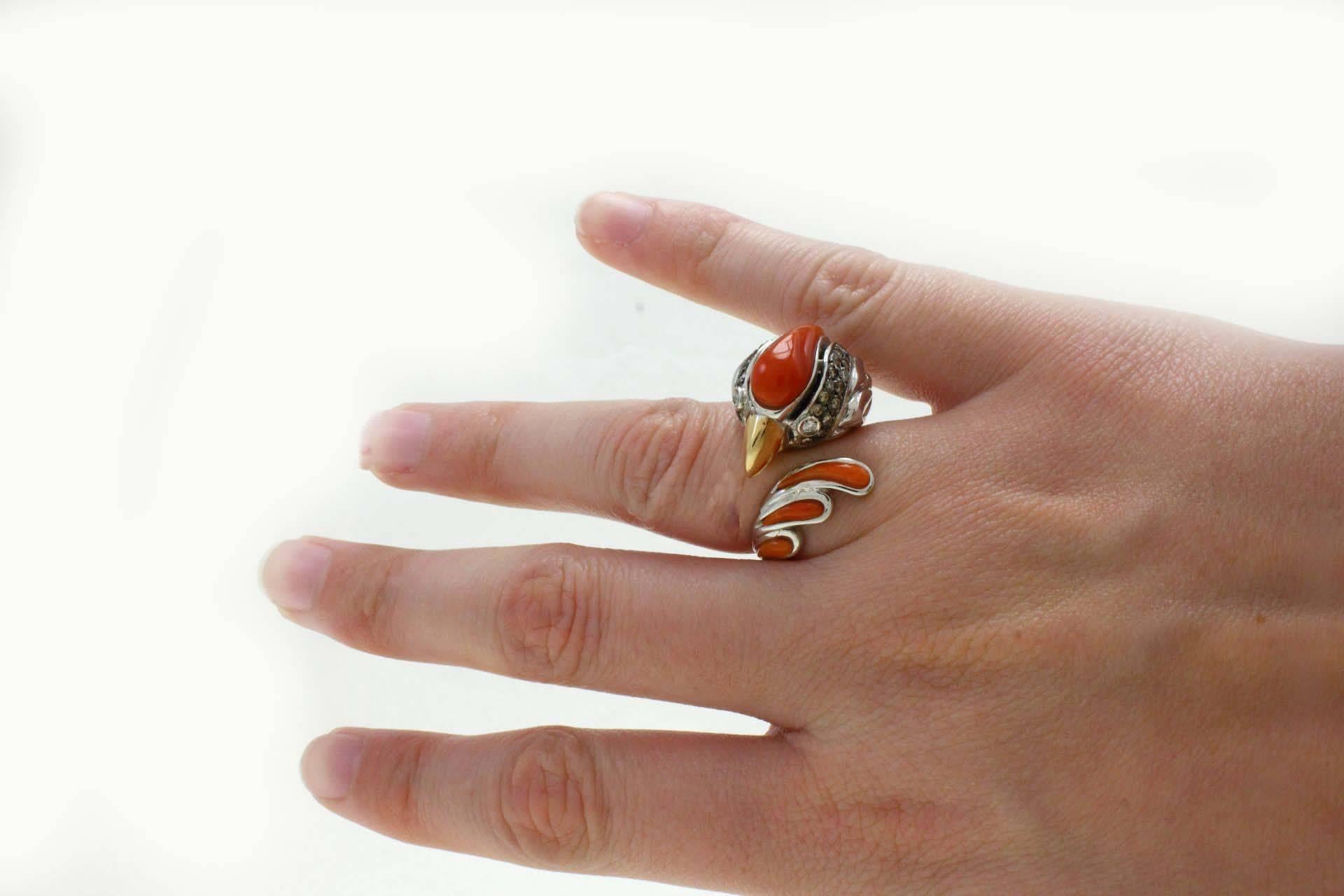 Anillo Gallo Oro Coral Italiano Diamante Fantasía en Bueno estado para la venta en Marcianise, Marcianise (CE)