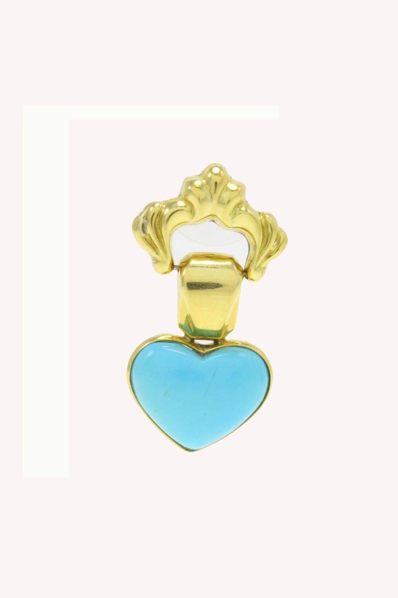 Heart shaped turquoise earrings in 18K  yellow gold.

turquoise (5.00 gr)
US Size
Width 0.71 inch
Length 1.53 inch
Ref.512259
Tot weight 11,50 g