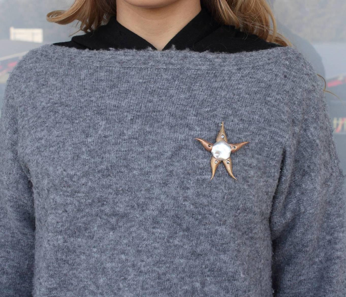 Women's Pearl Diamond Gold Starfish Brooch