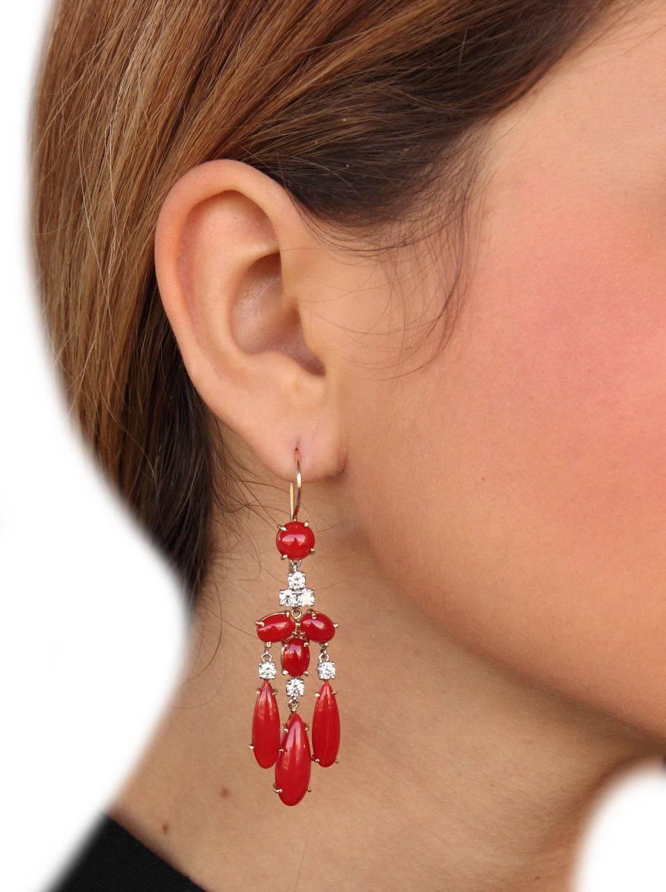 Luise Coral Diamond Gold Chandelier Earrings In Good Condition In Marcianise, Marcianise (CE)
