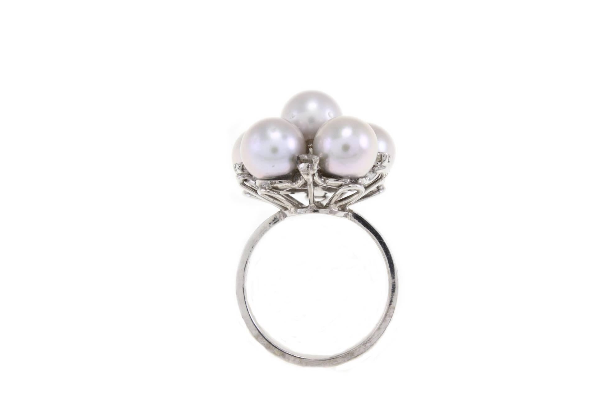 Retro Luise Flower Grey Pearl Diamond White Gold Ring