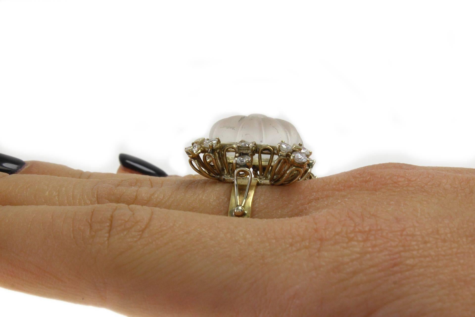 Mixed Cut Diamond Square Rock Crystal Gold Ring