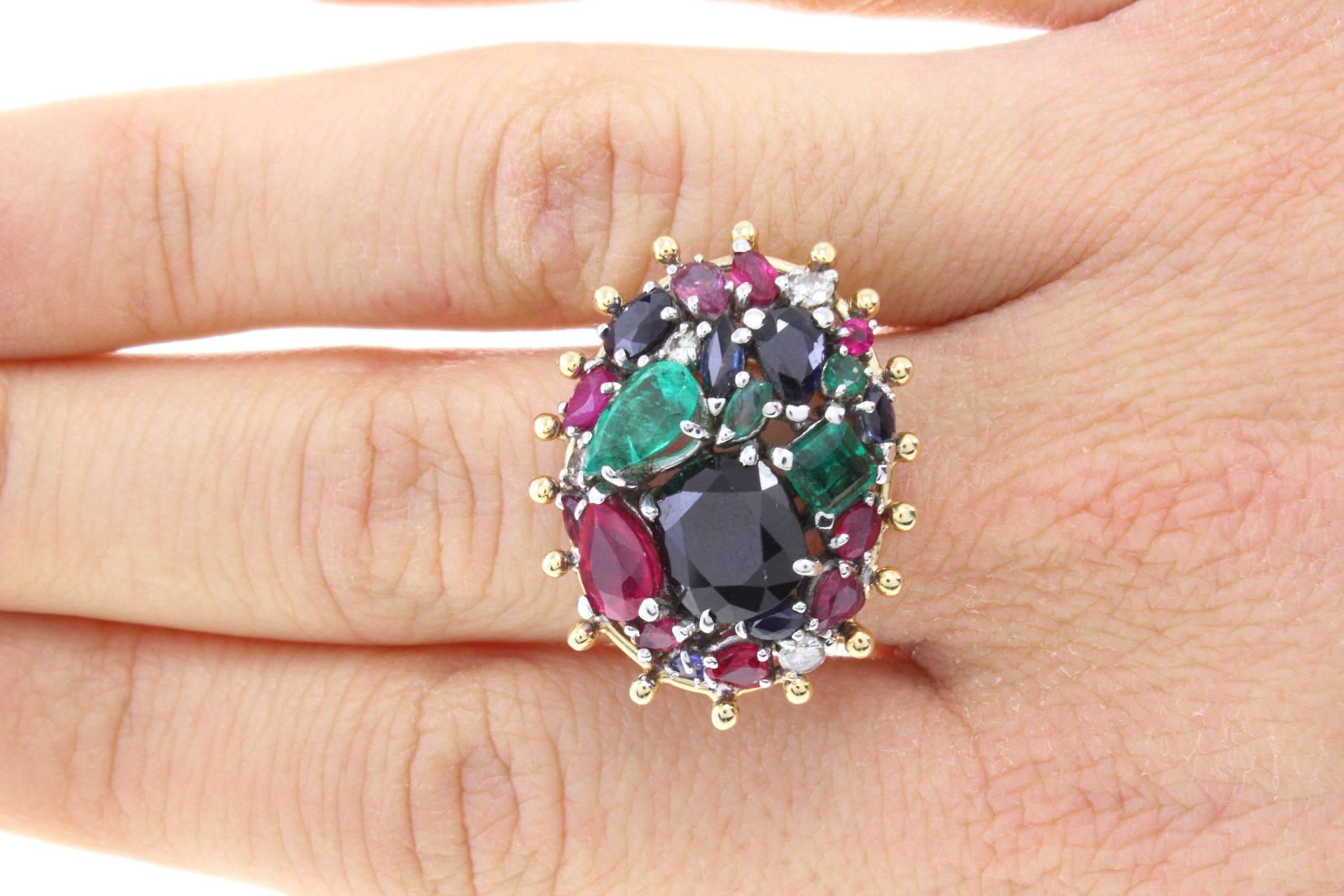 Retro Sapphires, Emeralds and Rubies and Diamond Gold Ring For Sale