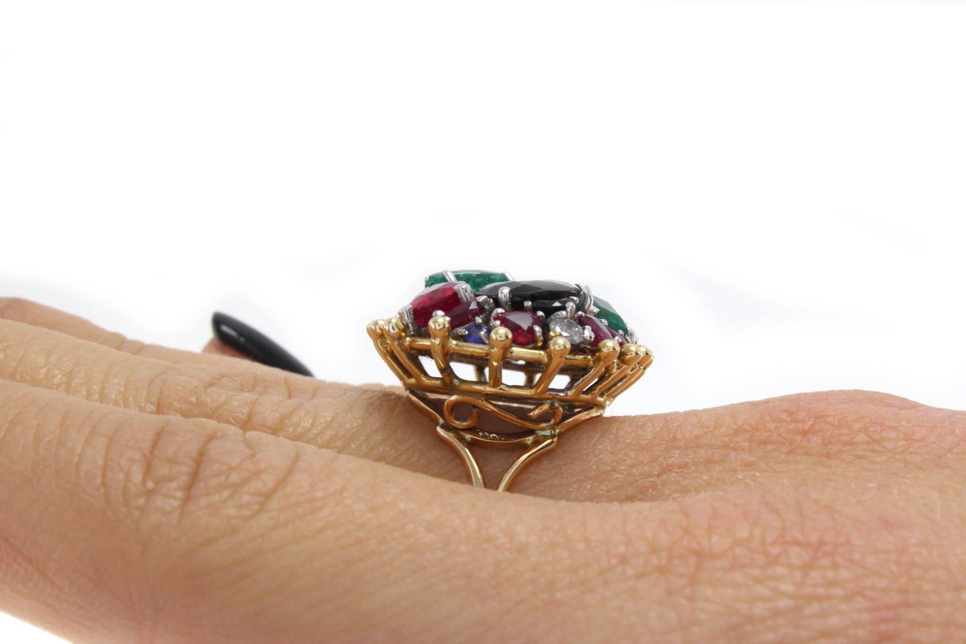 Mixed Cut Sapphires, Emeralds and Rubies and Diamond Gold Ring For Sale