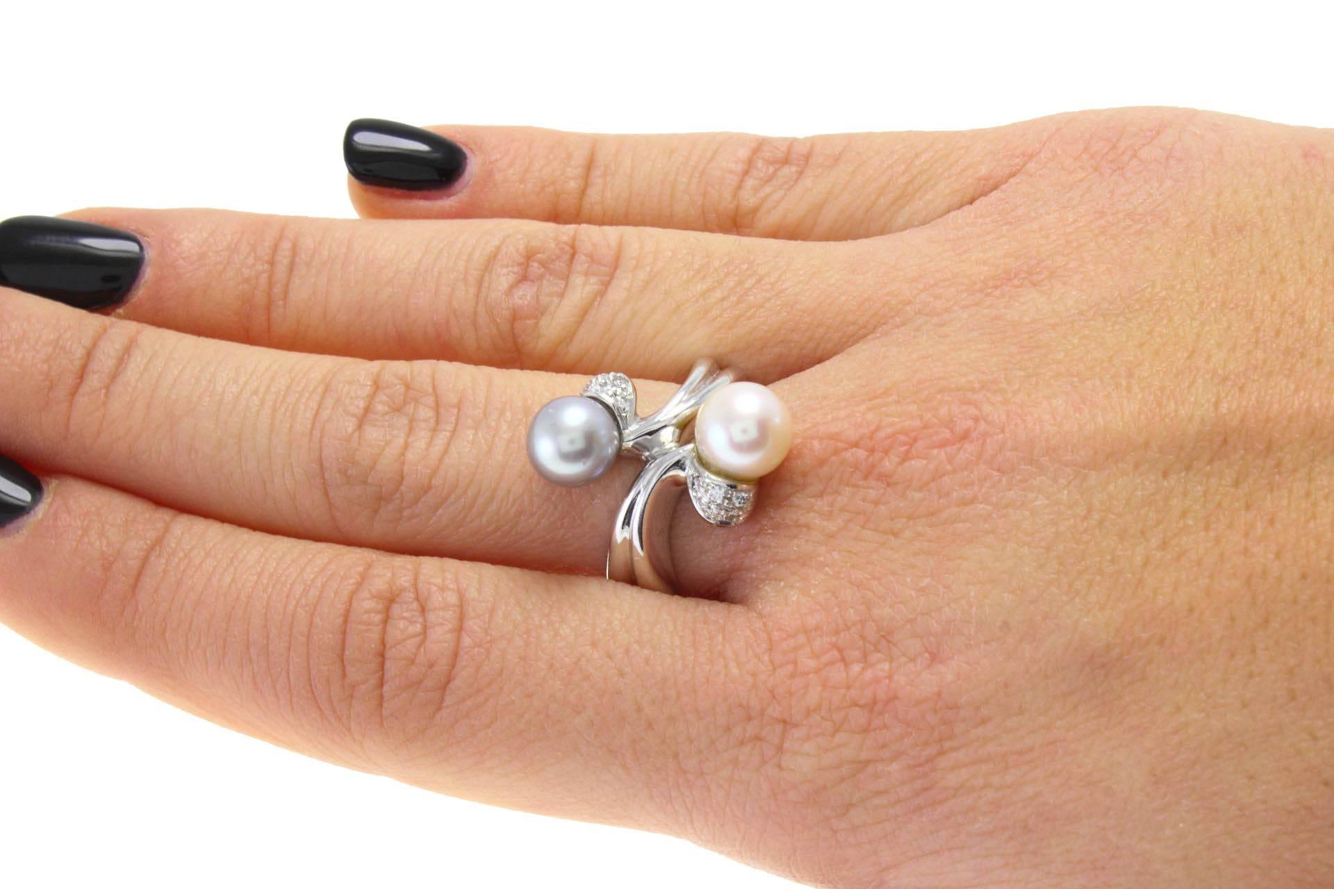 Retro Luise Diamond & Double Pearl White Gold Ring