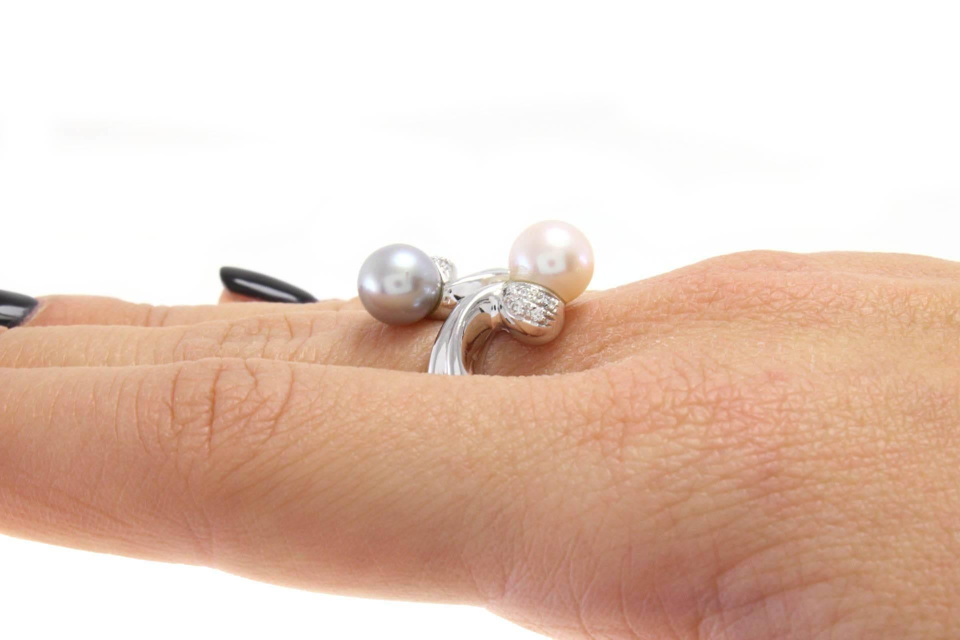 Luise Diamond & Double Pearl White Gold Ring In Good Condition In Marcianise, Marcianise (CE)