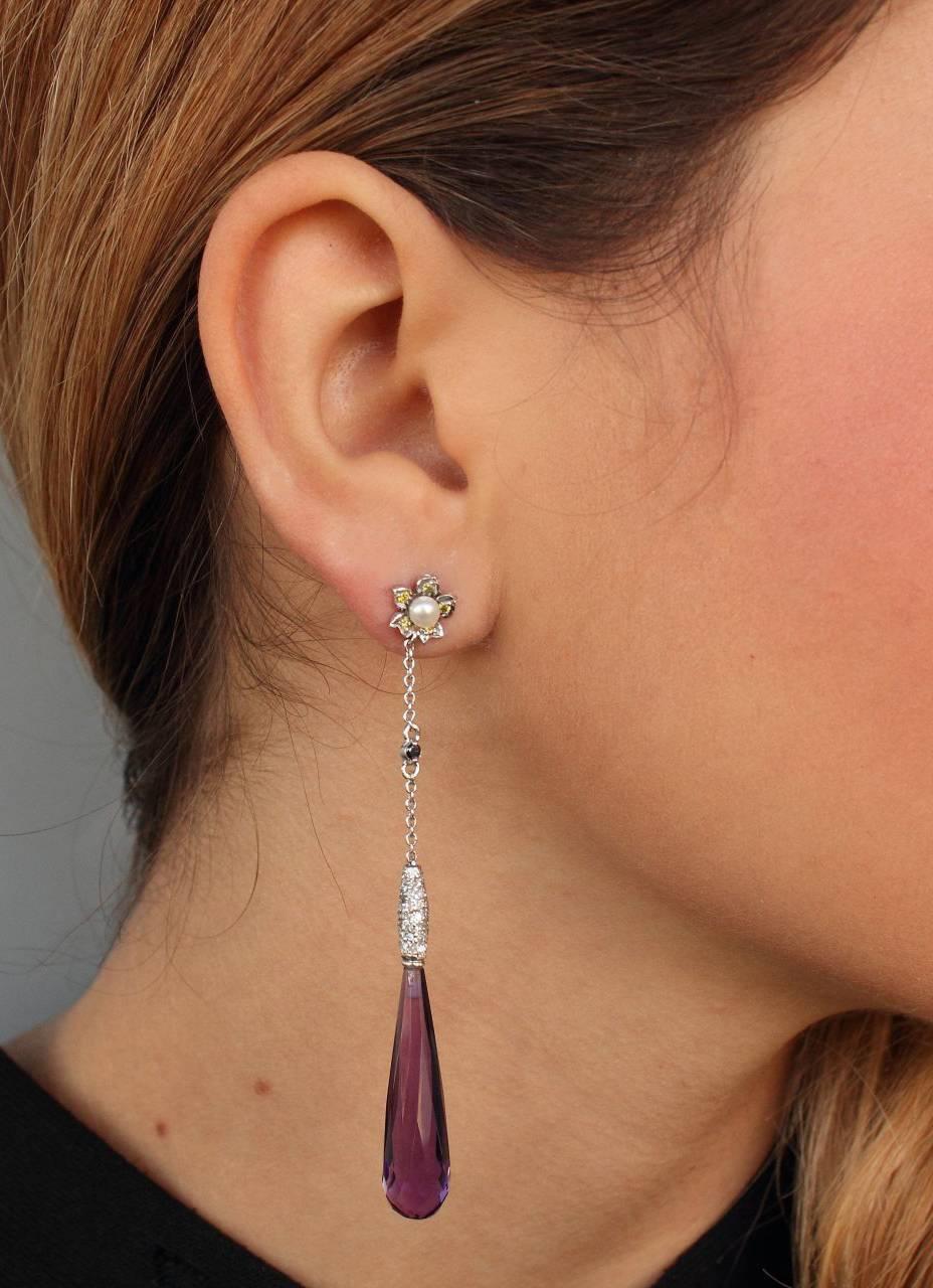 Luise Amethyst Pearl Diaond Teardrop Earrings In Good Condition In Marcianise, Marcianise (CE)