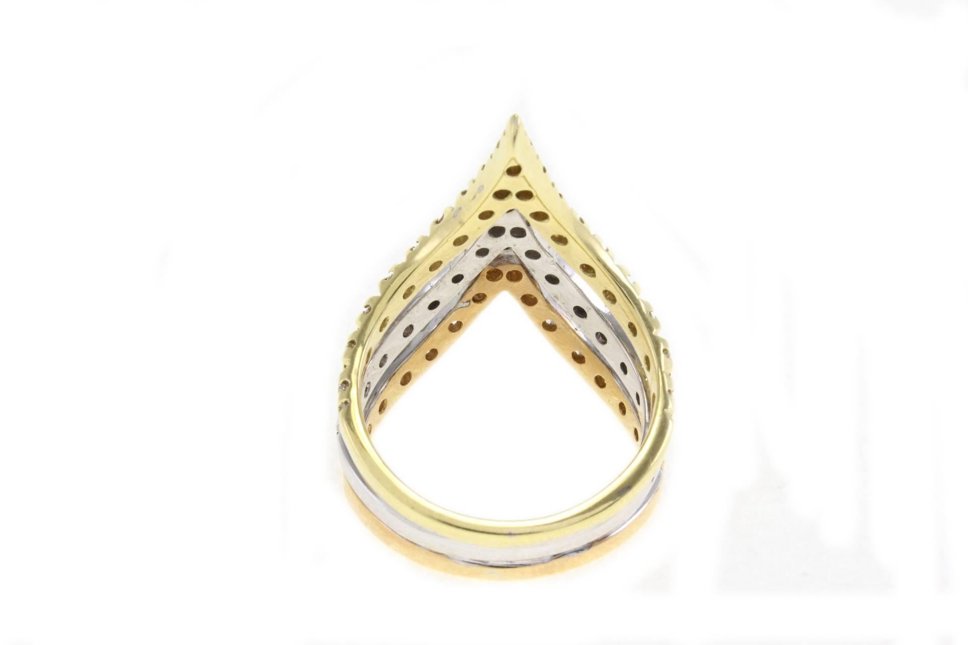 Retro Three Gold and Diamond 18 kt Gold Ring For Sale