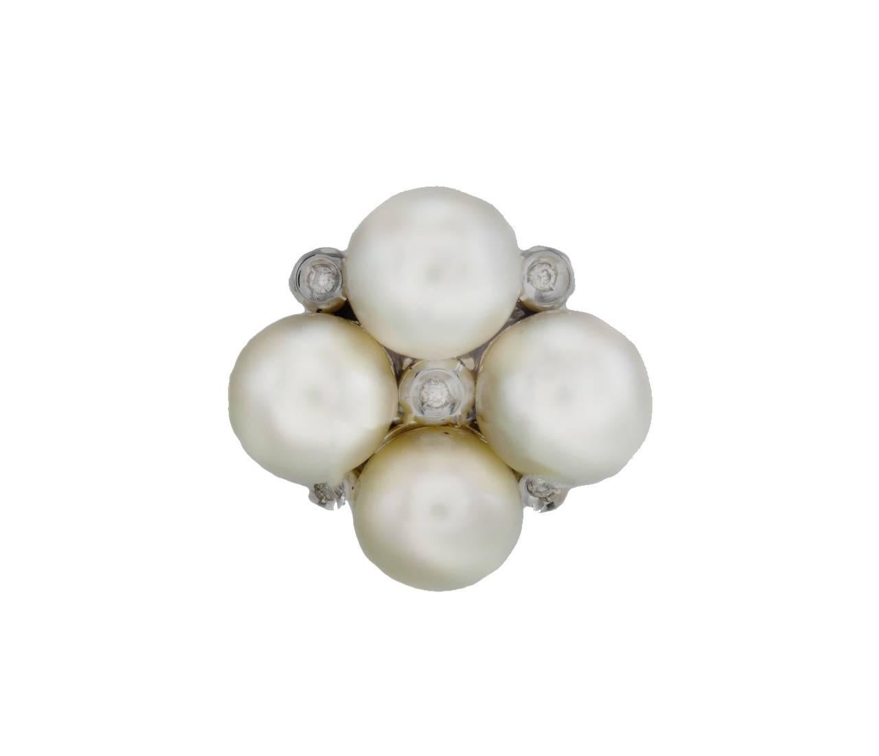 Retro 10.12 g White Pearls, 0.18 ct Diamonds White Gold Earrings