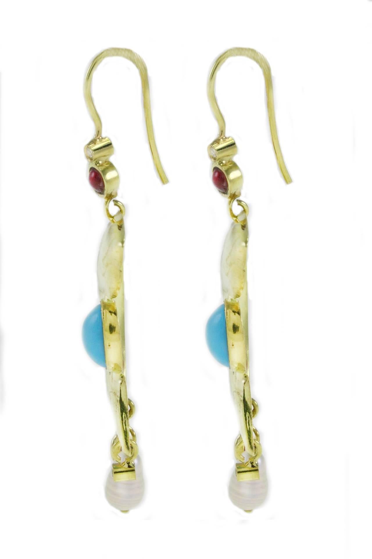 Retro Garnet Diamond Pearl Turquoise Gold Moonlight Earrings