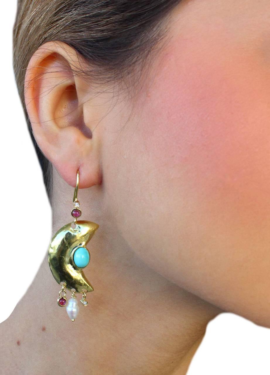 Garnet Diamond Pearl Turquoise Gold Moonlight Earrings In Good Condition In Marcianise, Marcianise (CE)