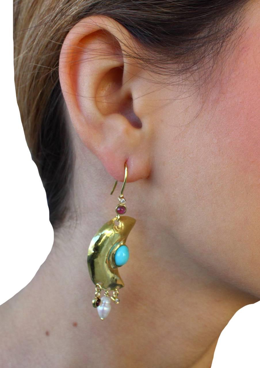 Women's Garnet Diamond Pearl Turquoise Gold Moonlight Earrings