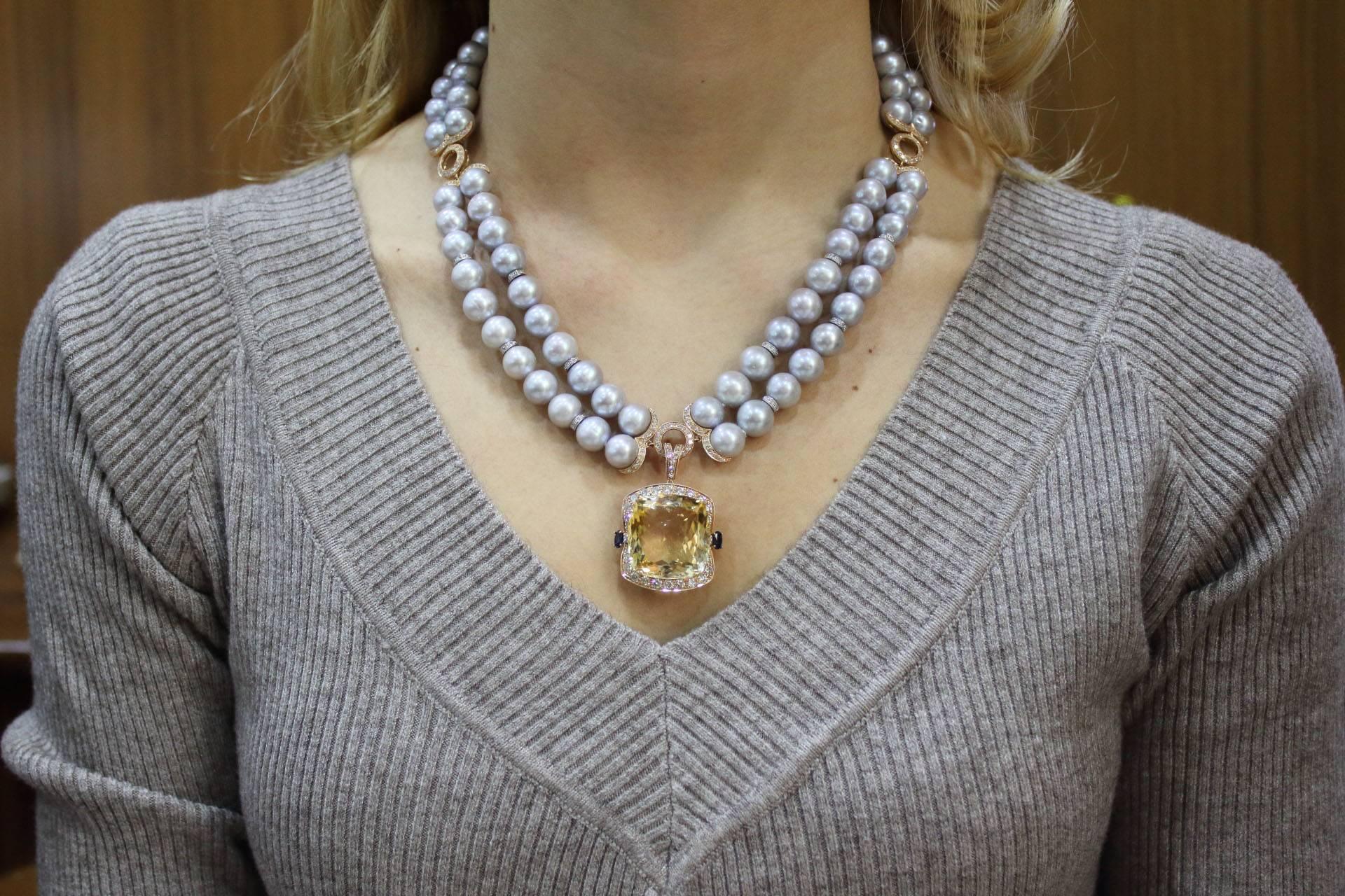 Women's Square Topaz Grey Pearl Gold Necklace