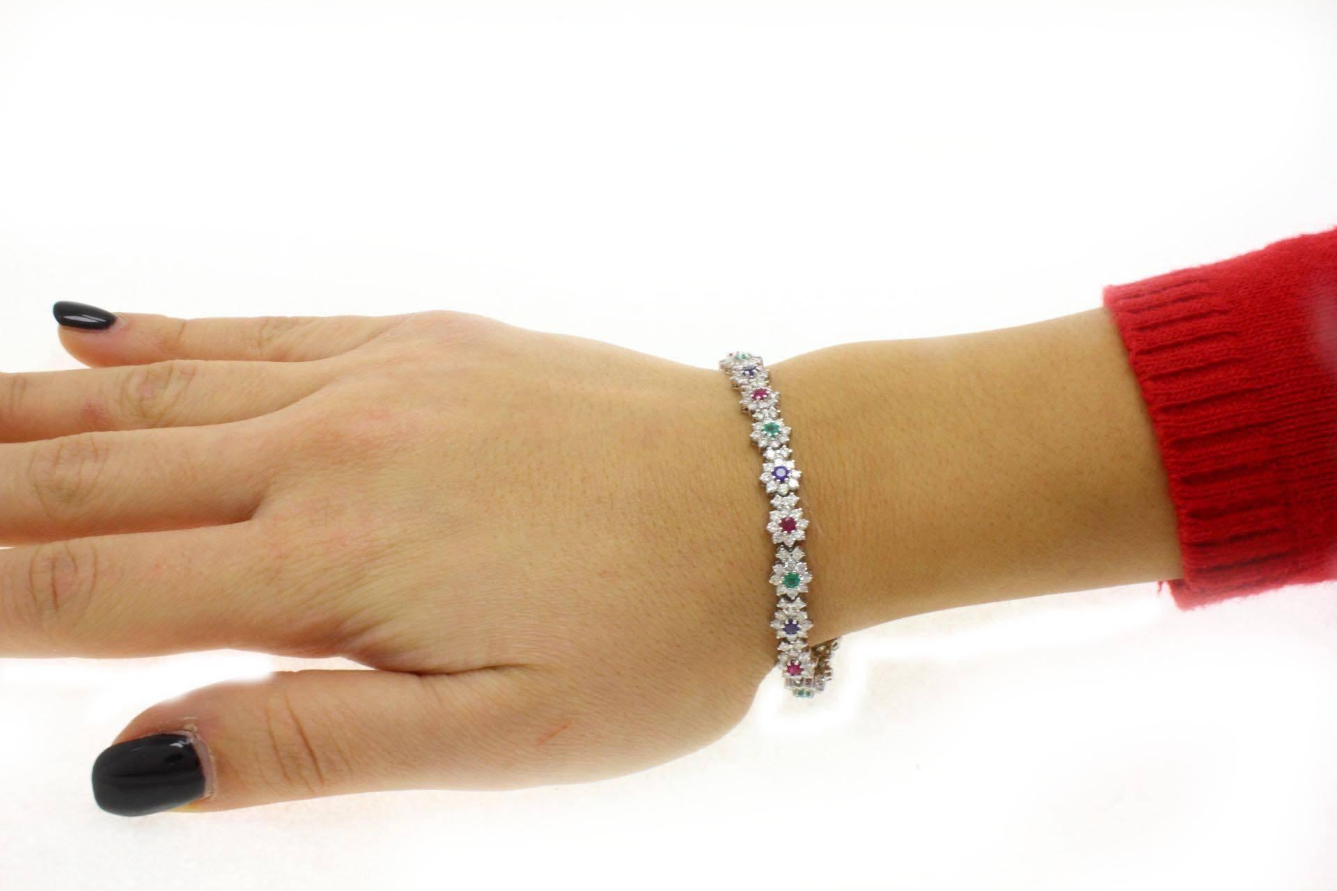 Rubies, Emeralds, Sapphires, Diamonds, 14 Kt White Gold Bracelet. In Good Condition For Sale In Marcianise, Marcianise (CE)