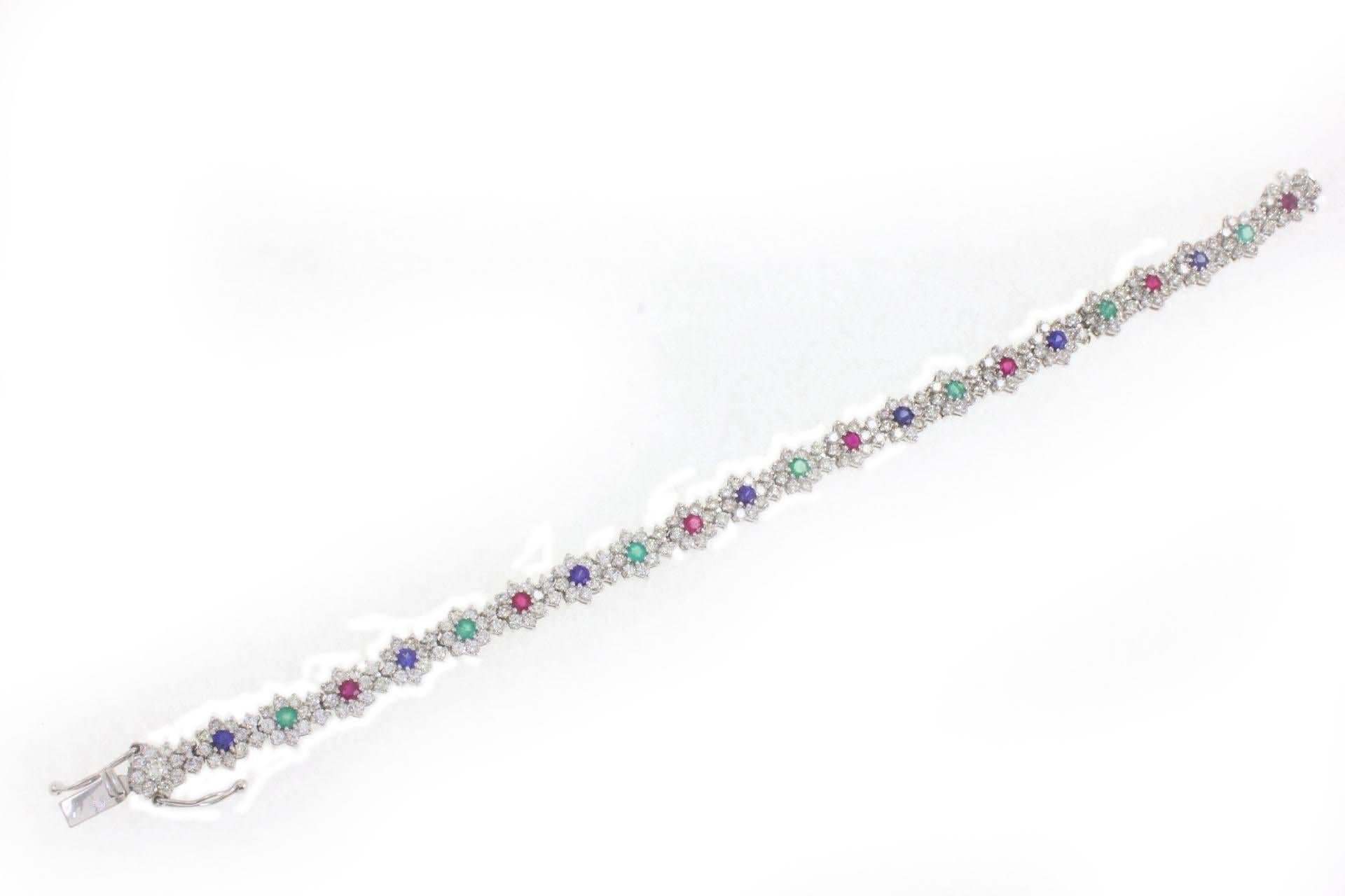 Brilliant Cut Rubies, Emeralds, Sapphires, Diamonds, 14 Kt White Gold Bracelet. For Sale