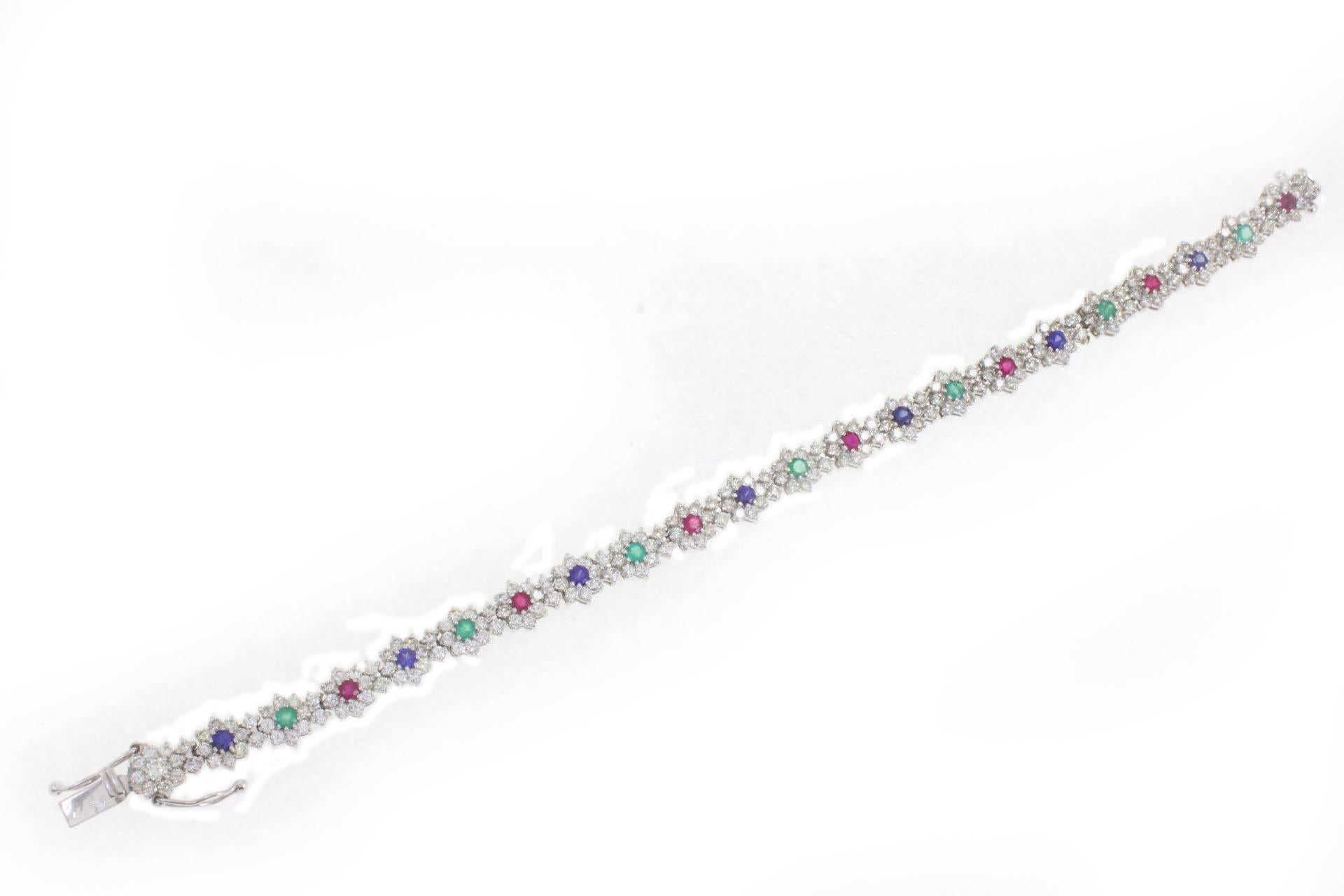 Retro Rubies, Emeralds, Sapphires, Diamonds, 14 Kt White Gold Bracelet. For Sale