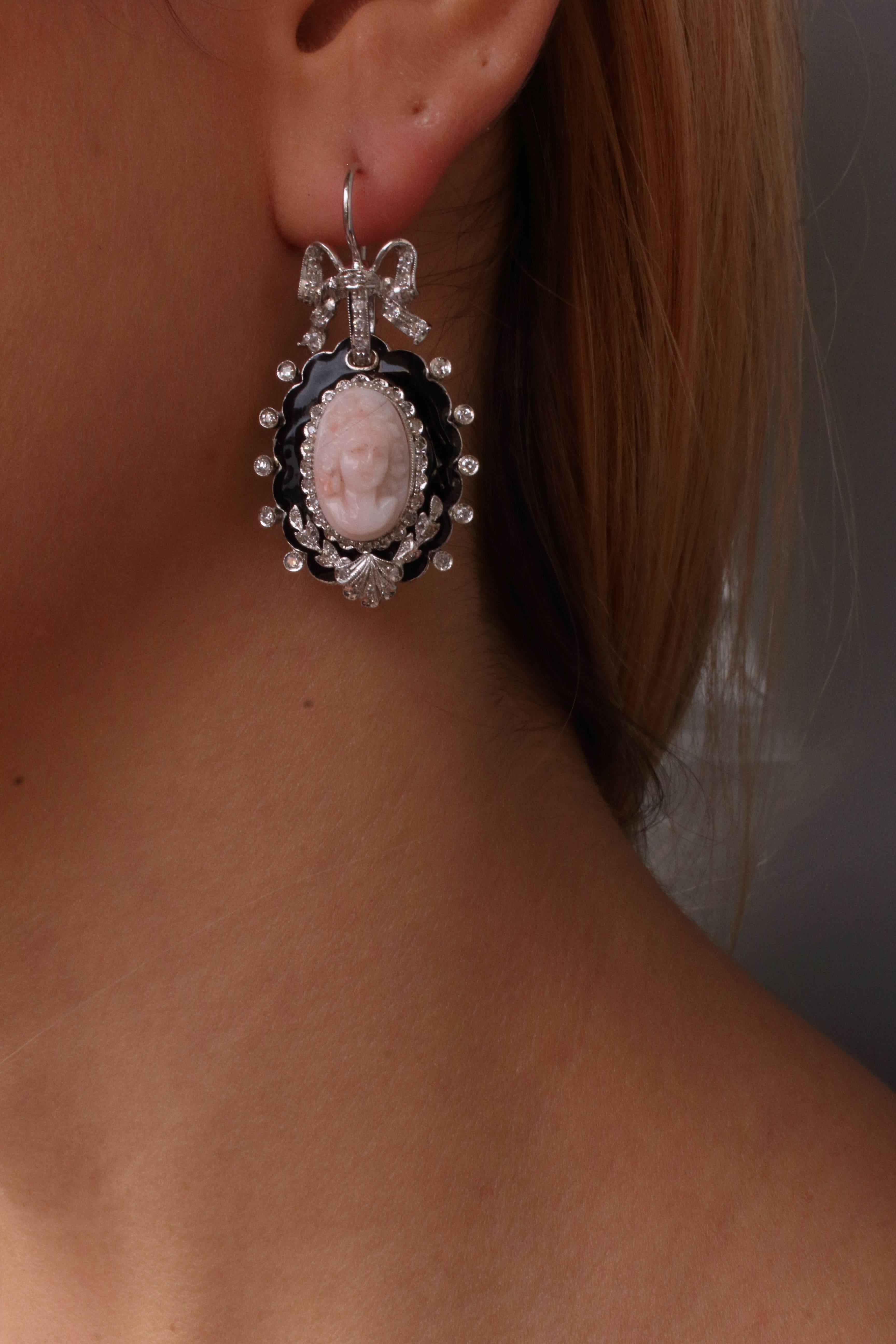 Luise Cameo Coral Diamond Earrings In Good Condition In Marcianise, Marcianise (CE)