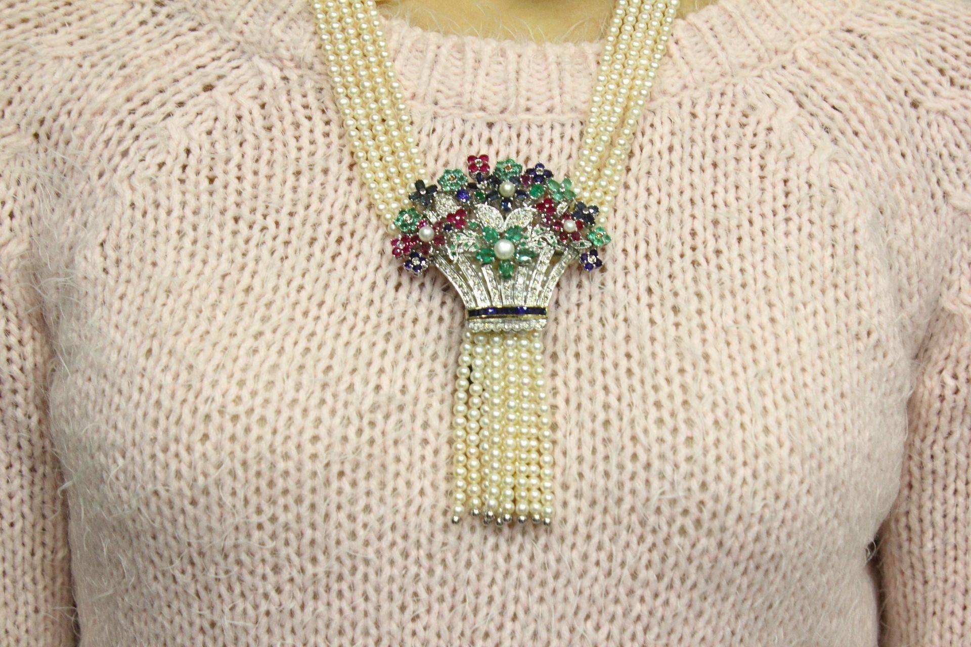 Diamond Emerald Ruby Pearl Bouquet Beaded Gold Necklace In Good Condition In Marcianise, Marcianise (CE)