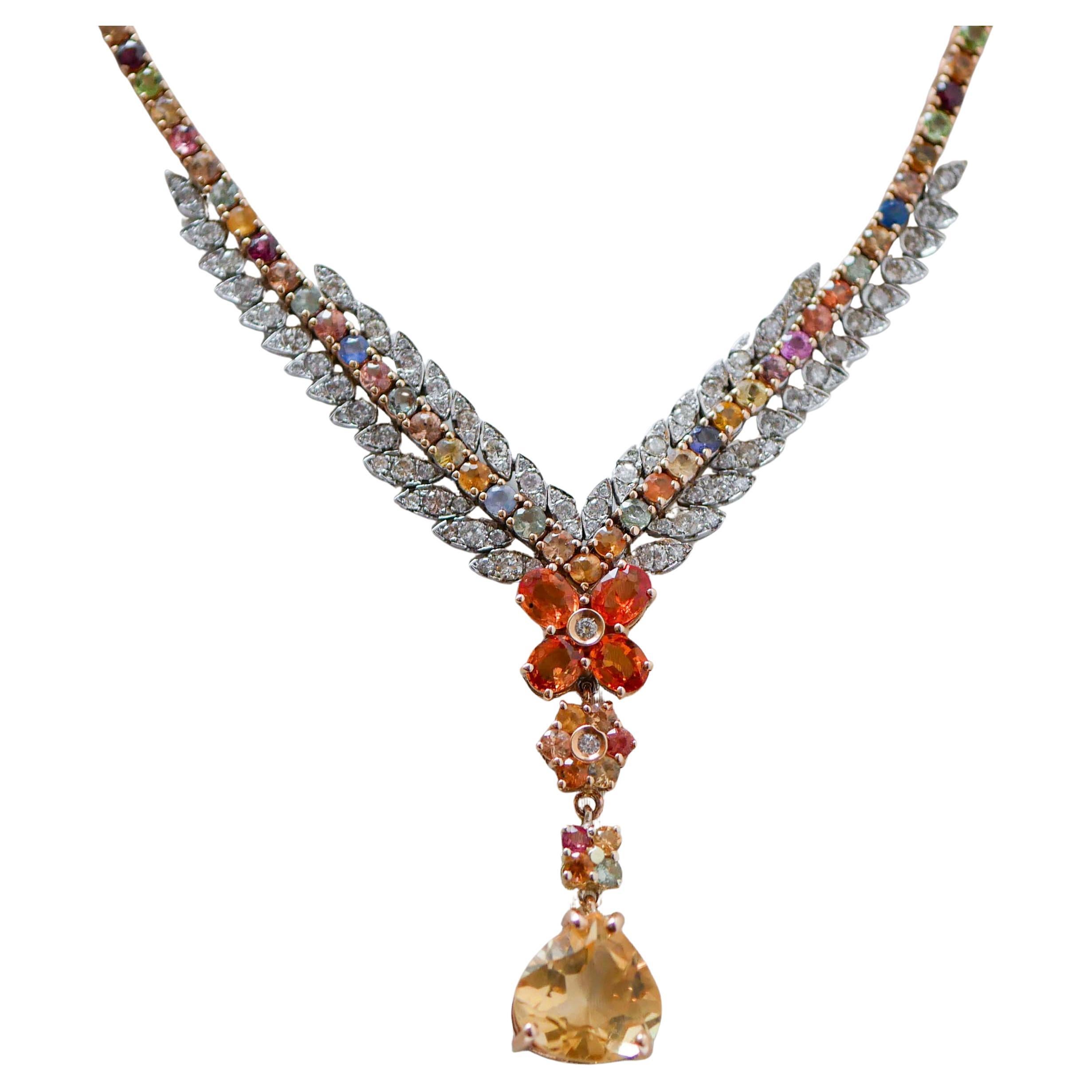 Multicolor Sapphires, Topazs, Diamonds, 14 Kt Rose Gold and White Gold Necklace