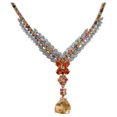Multicolor Sapphires, Topazs, Diamonds, 14 Kt Rose Gold and White Gold Necklace