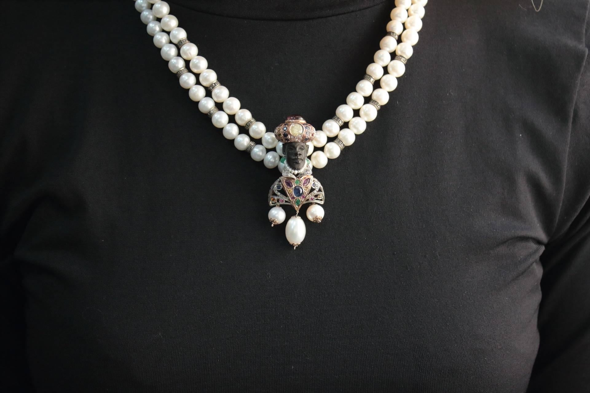 Venetian Moretti Beaded Necklace Gold and Silver Pendant In Good Condition In Marcianise, Marcianise (CE)