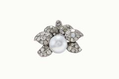 Ct 44 Australian Pearl and Ct 13 Diamonds Rose Gold and Silver Leaf Earrings