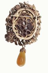 Cameo Sapphire Amber Diamond Silver Gold Teardrop Brooch and Necklace