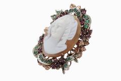 Cameo Garnet Emerald Diamond Silver Gold Cluster Ring