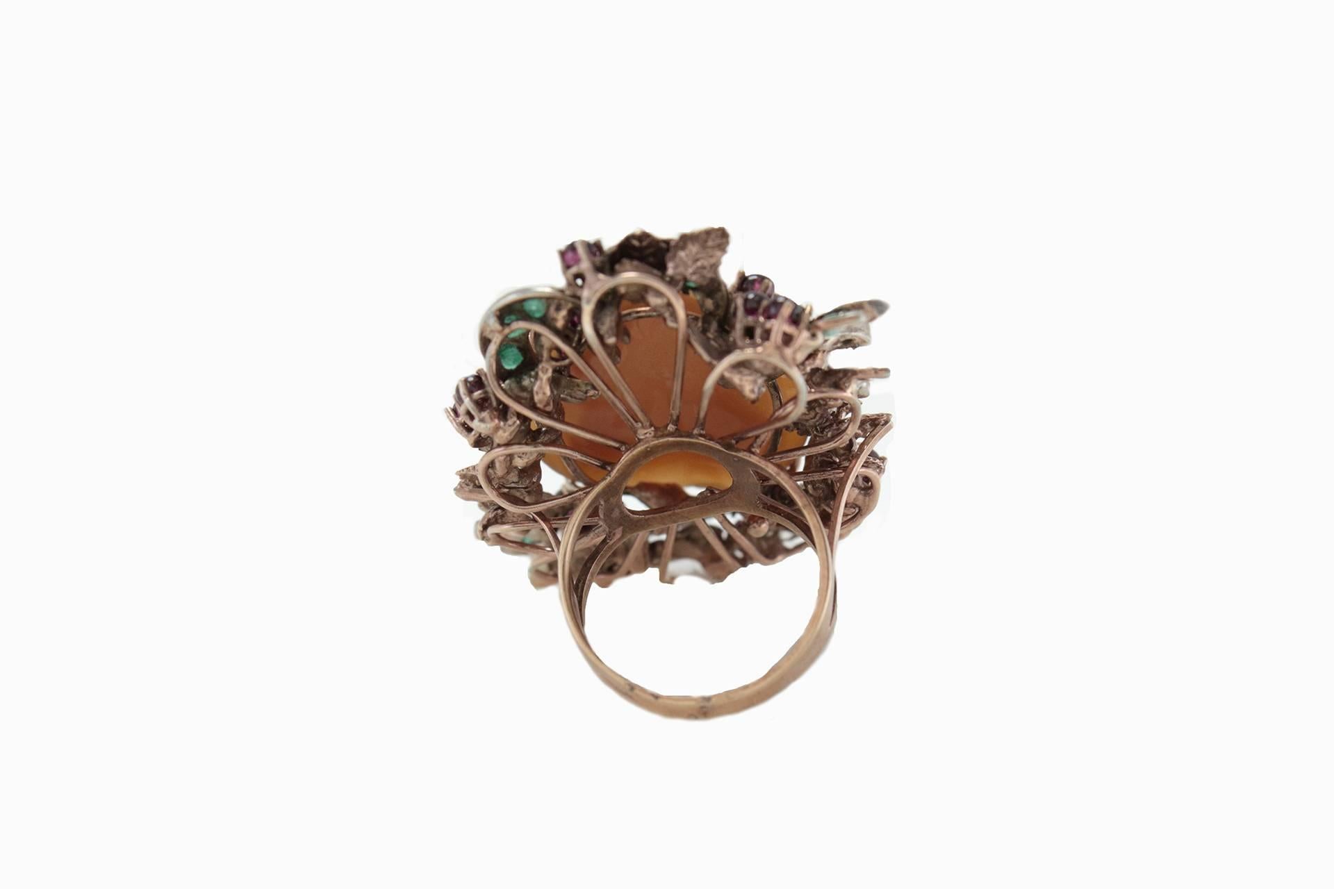 Mixed Cut Cameo Garnet Emerald Diamond Silver Gold Cluster Ring For Sale