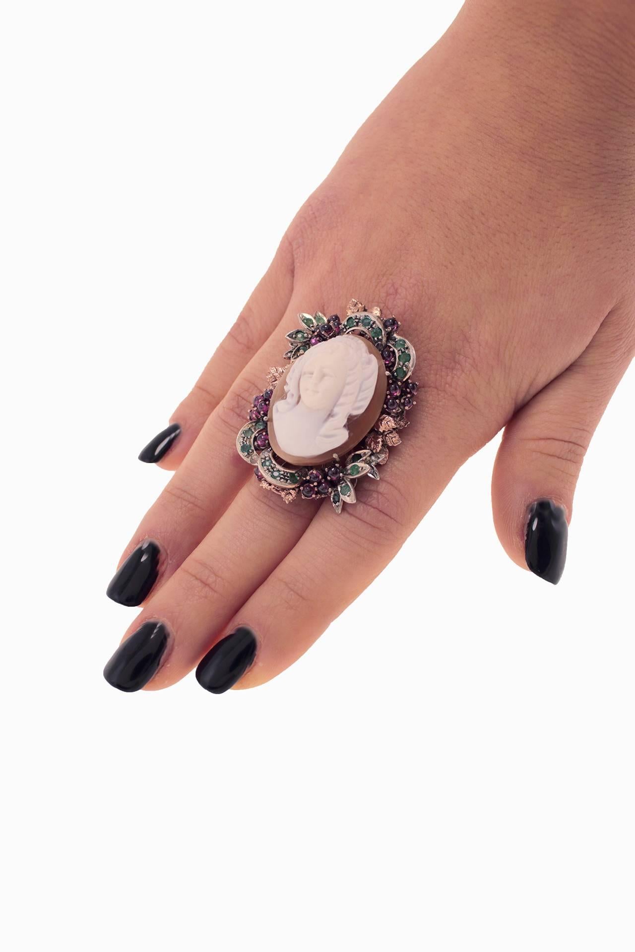 Women's Cameo Garnet Emerald Diamond Silver Gold Cluster Ring For Sale