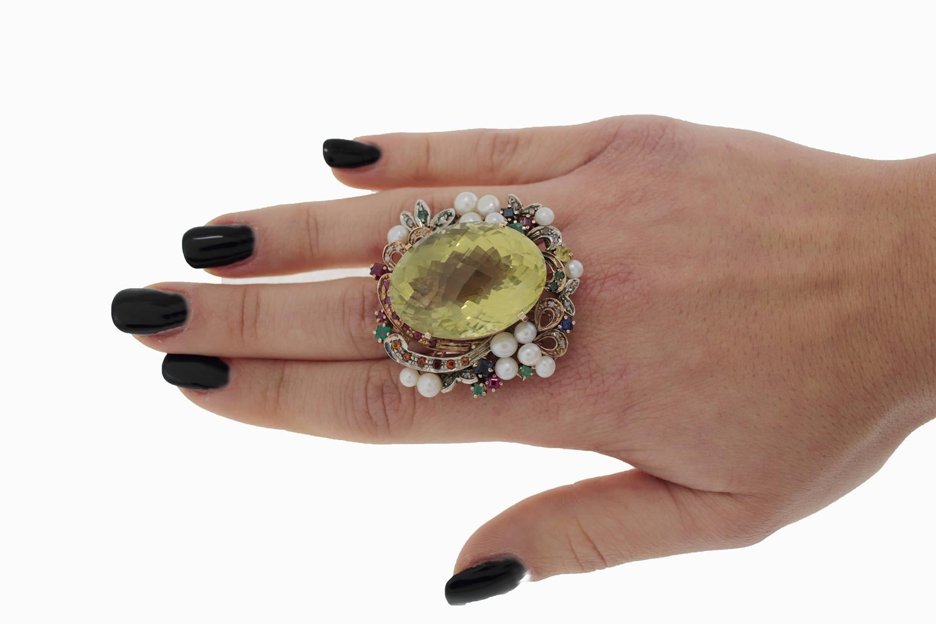 Women's 1973 Luise Topaz Pearl Multi Gem Diamond Gold Cluster Ring