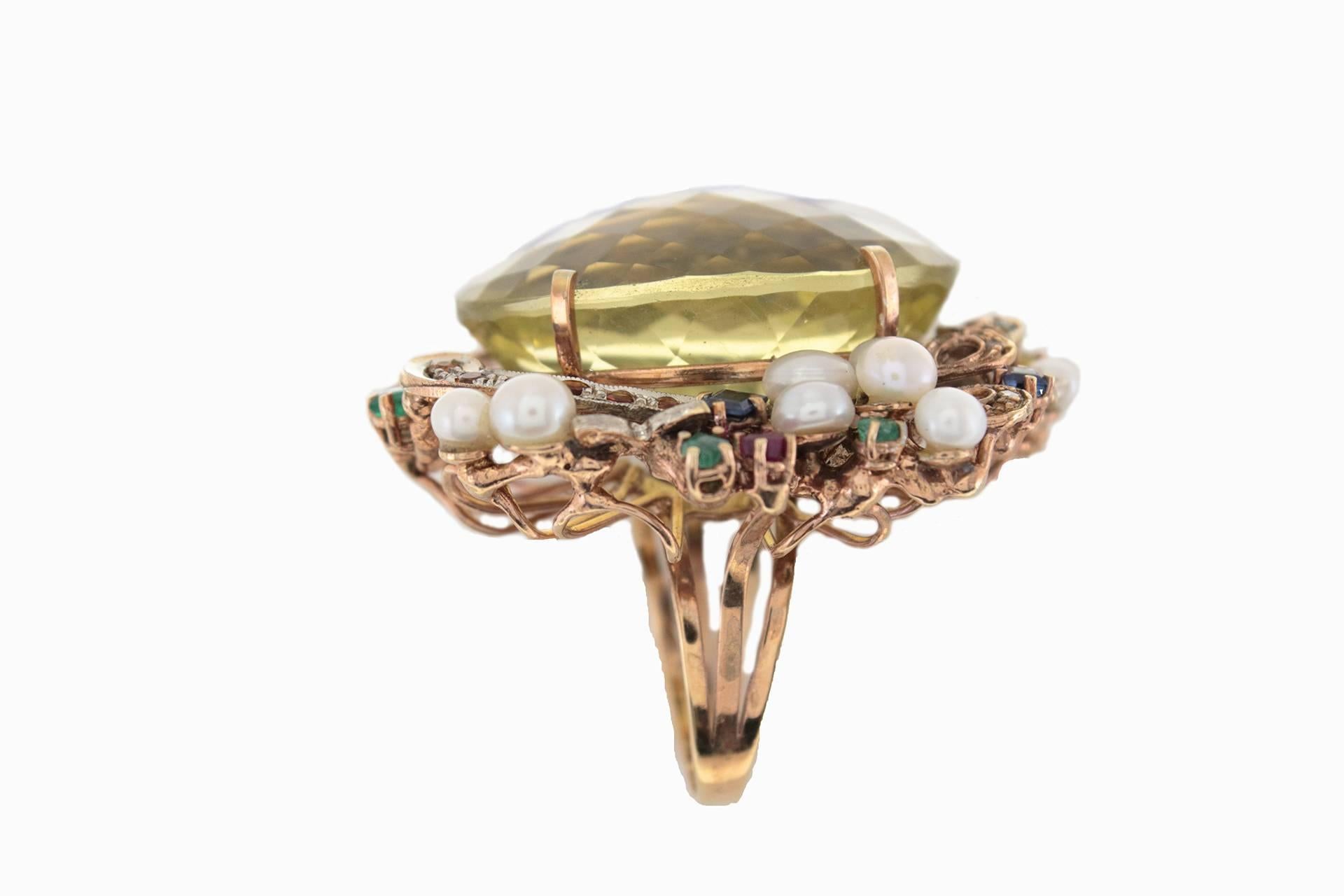 1973 Luise Topaz Pearl Multi Gem Diamond Gold Cluster Ring In Good Condition In Marcianise, Marcianise (CE)