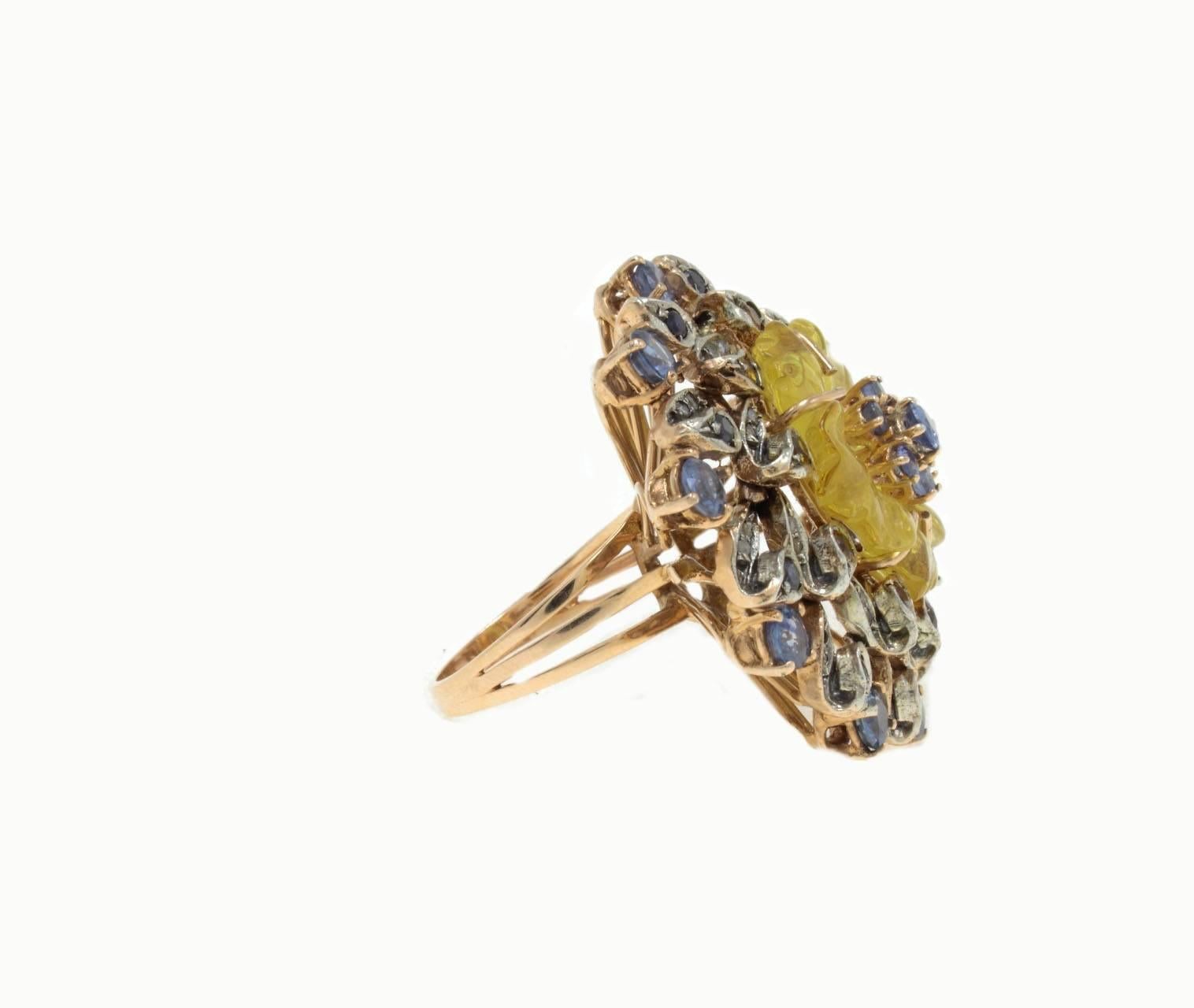 Gänseblümchenring, Saphir Topas Quarz Diamant Silber Gold (Retro) im Angebot