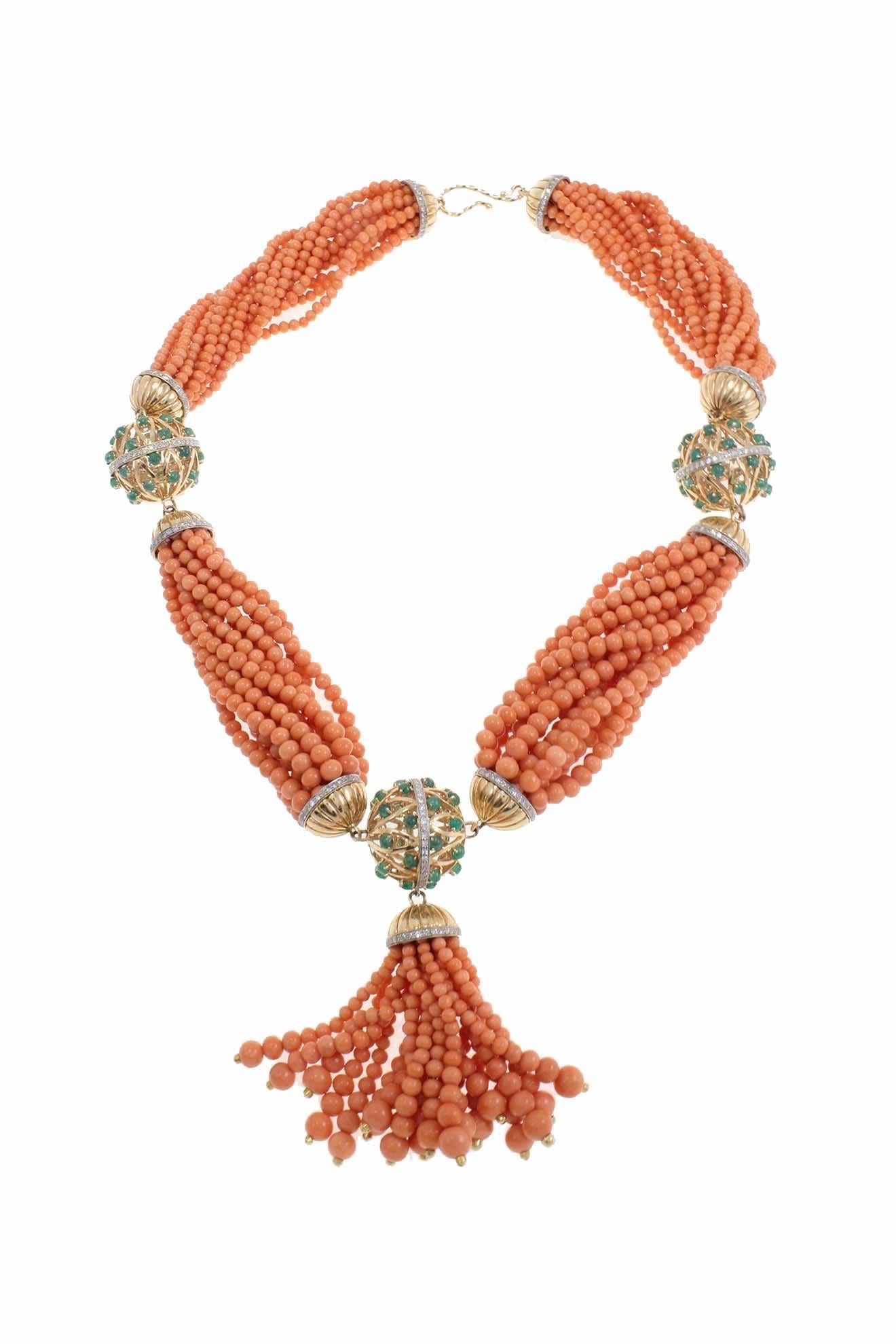 Retro Diamonds, Emeralds, Orange Beaded Rows Coral, Gold Multi-Strand/Beaded Necklace