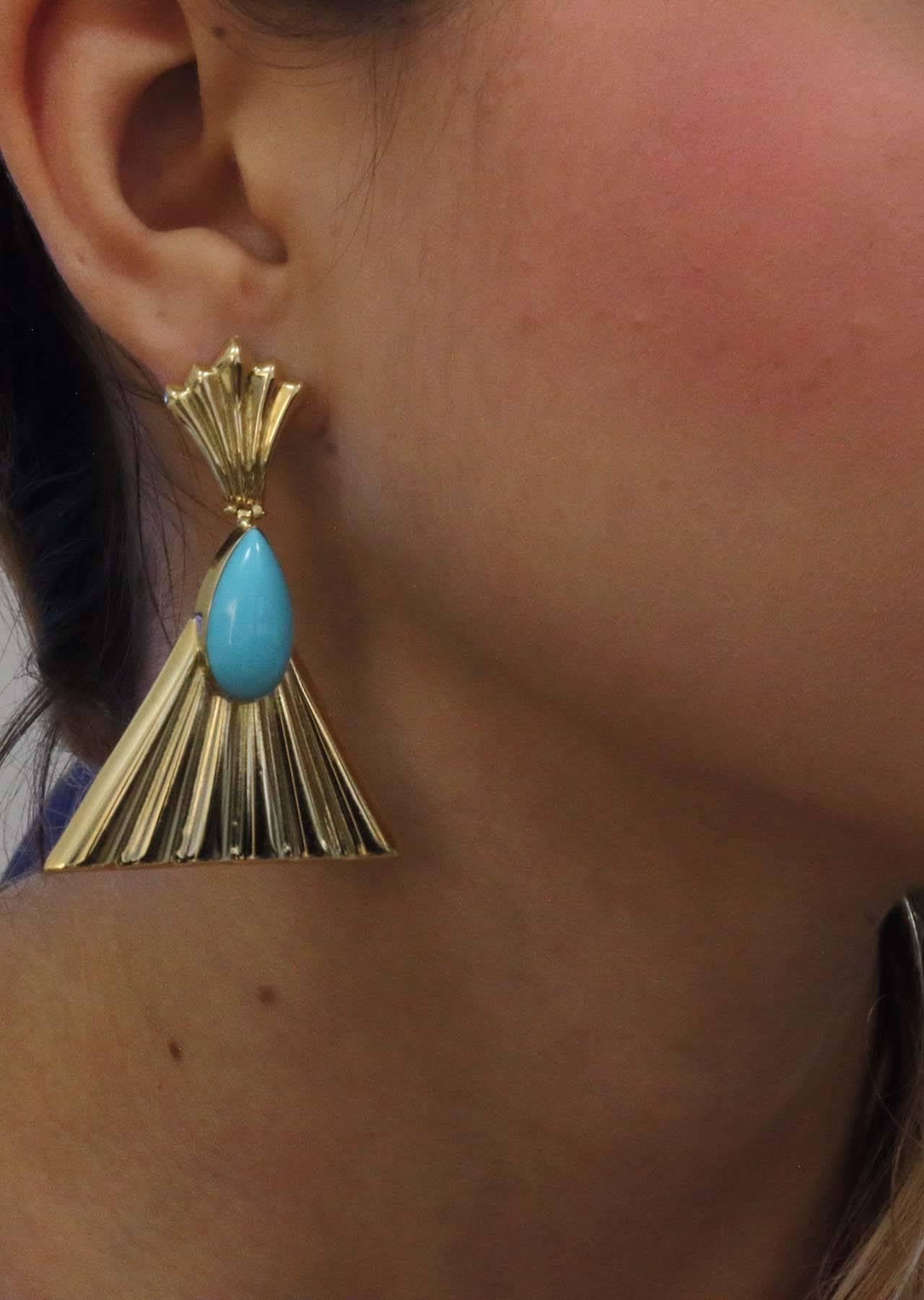 Cabochon Turquoise Gold Dangle Fan Earrings