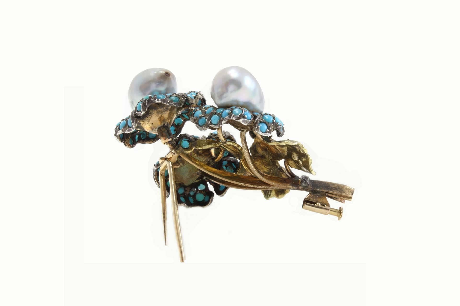Retro Buccellati Turquoise Pearls Brooch