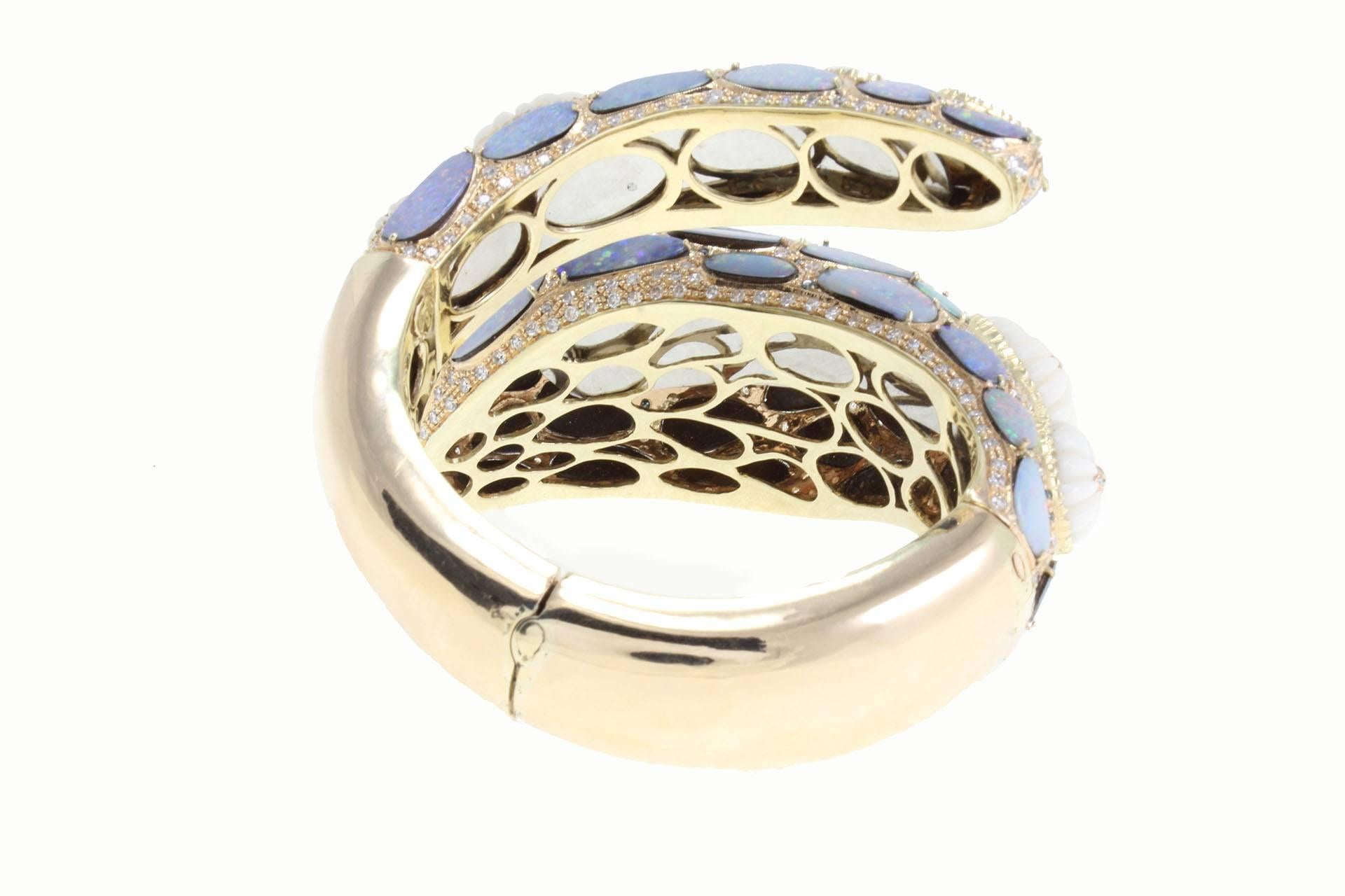 Retro Opal Coral Diamond Gold Snake Bracelet