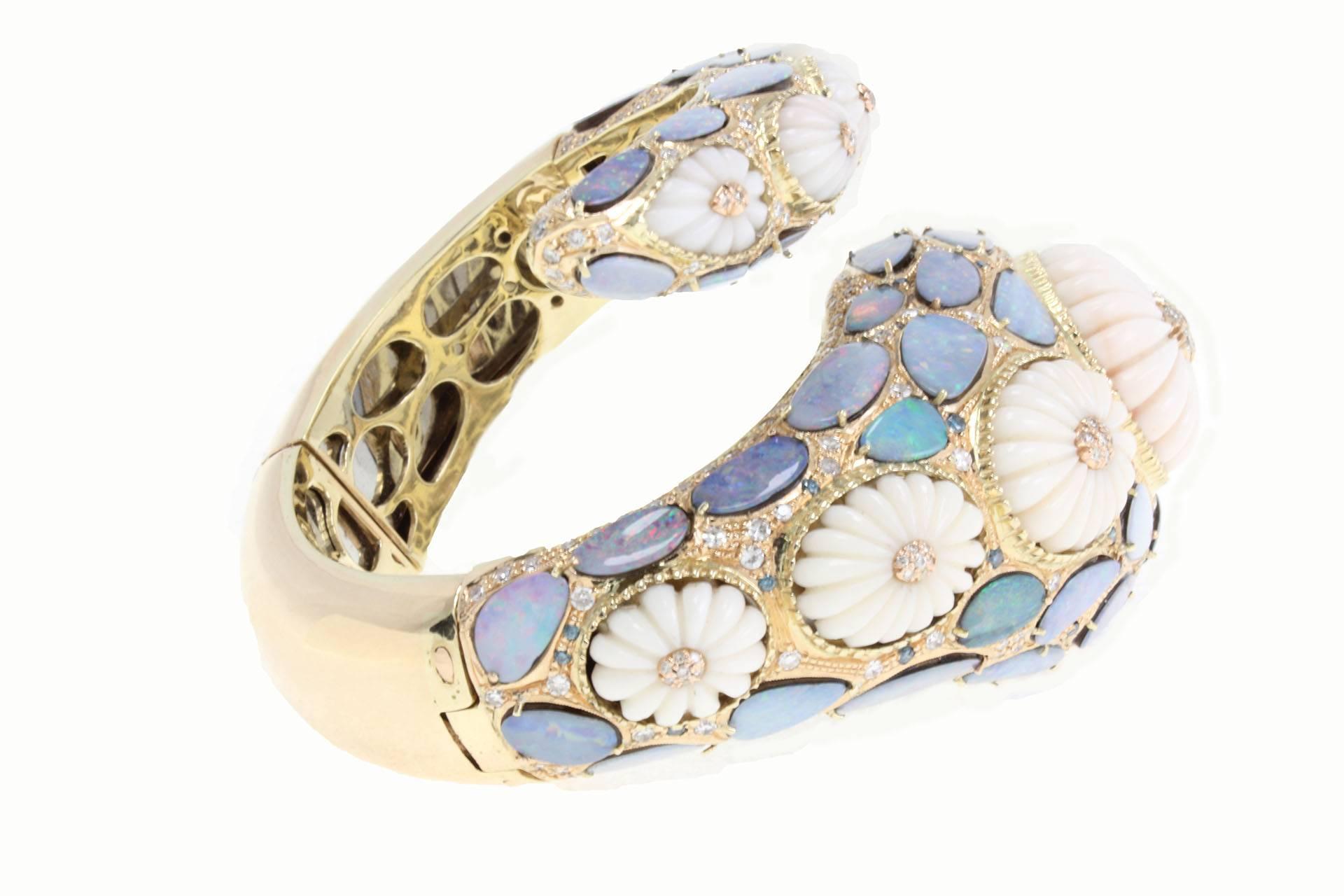 Women's Opal Coral Diamond Gold Snake Bracelet
